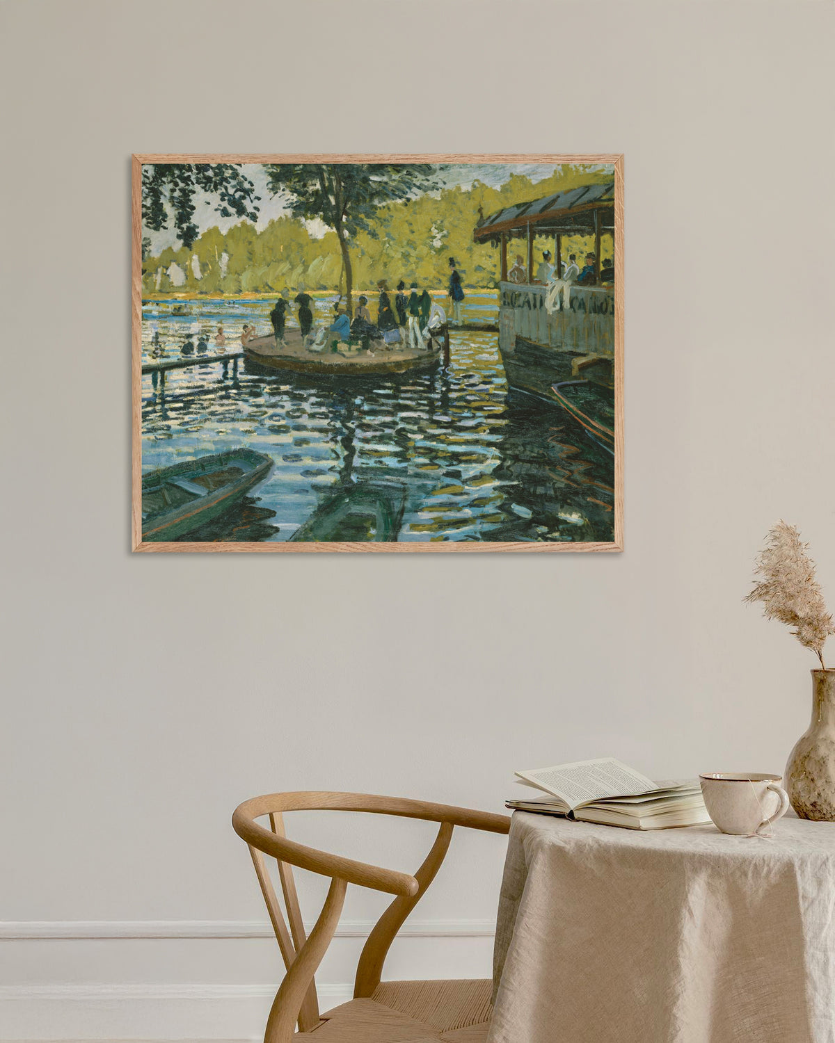 Poster La Grenouillère (1869) van Claude Monet met naturel houten lijst