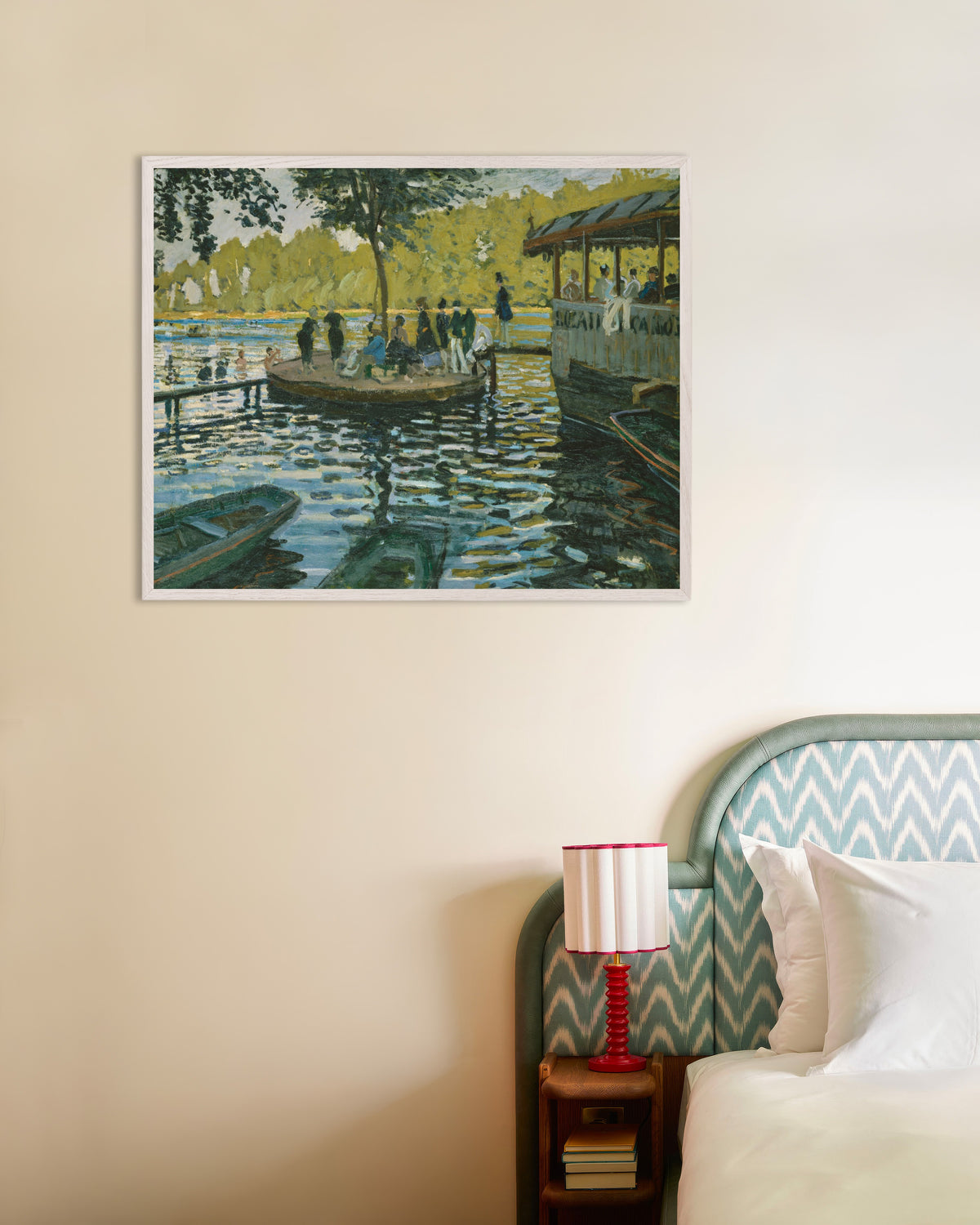 Poster La Grenouillère (1869) van Claude Monet met witte houten lijst