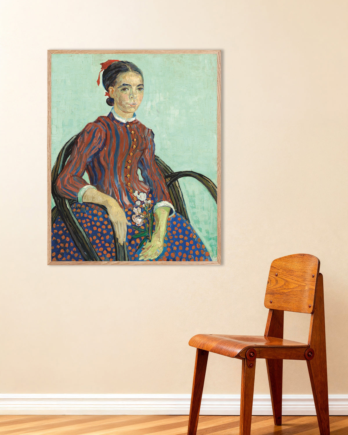 Poster La Mousmé (1888) van Vincent van Gogh, met naturel houten lijst
