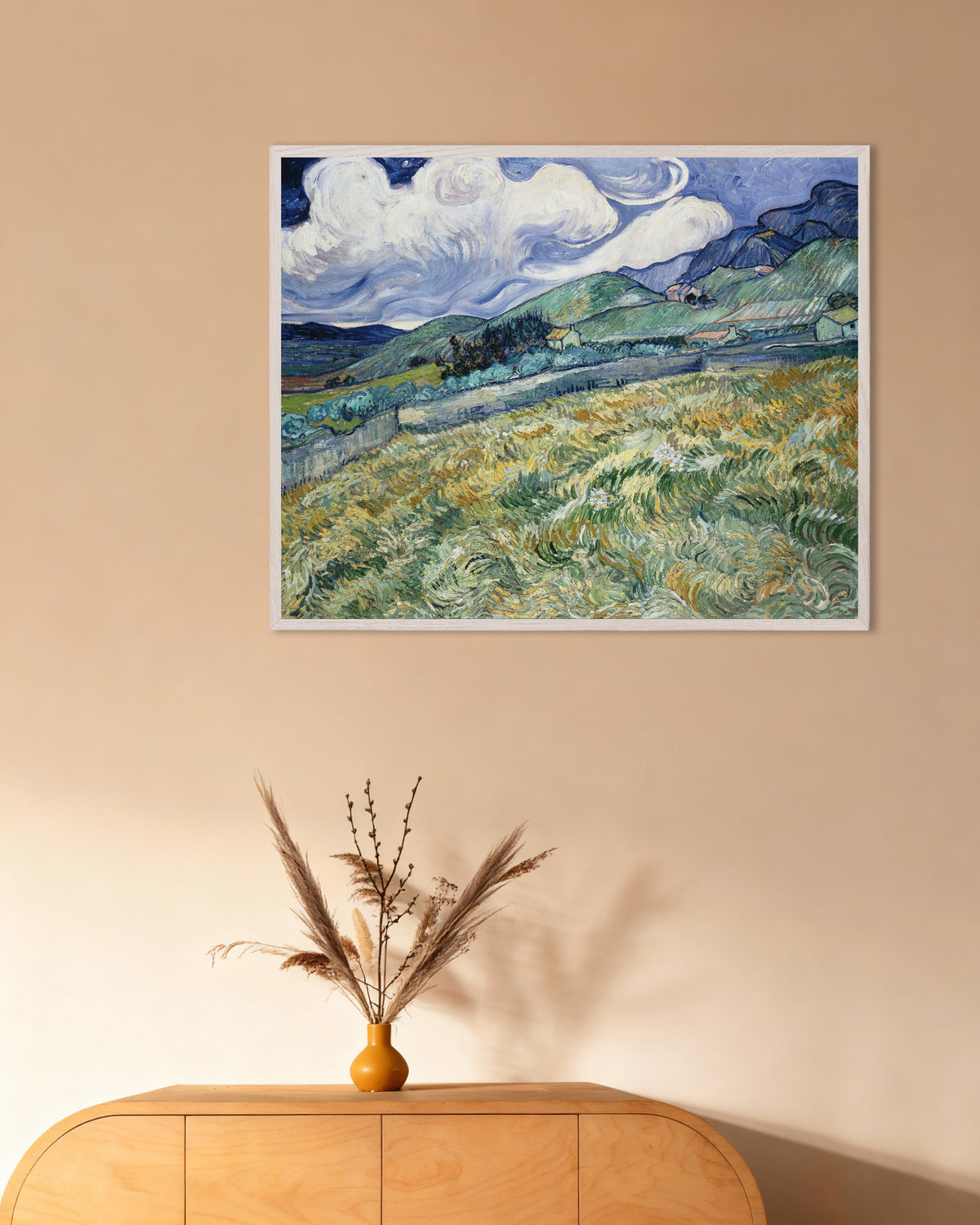 Poster van Landschap bij Saint-Rémy (1889) van Vincent van Gogh, met witte houten lijst