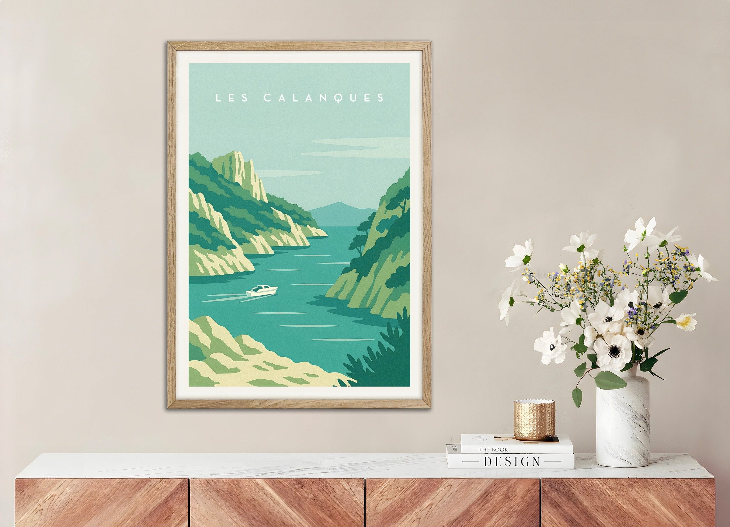 Poster of Les Calanques Wall Art Print, with natural wooden frame
