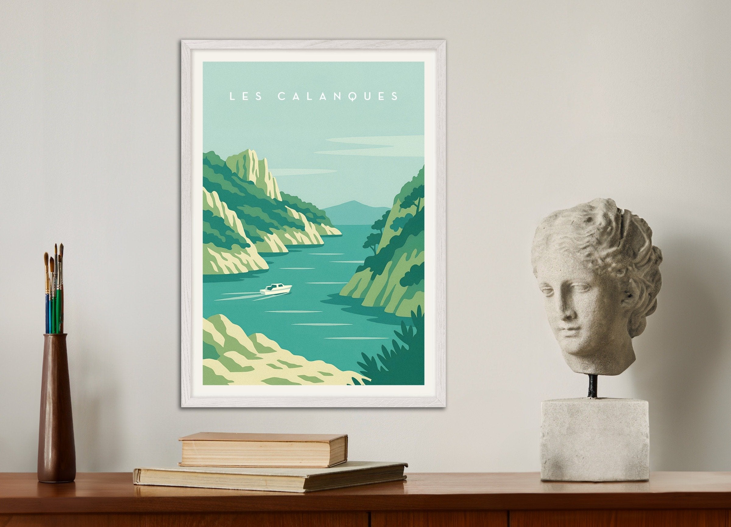 Poster of Les Calanques Wall Art Print, with white wooden frame