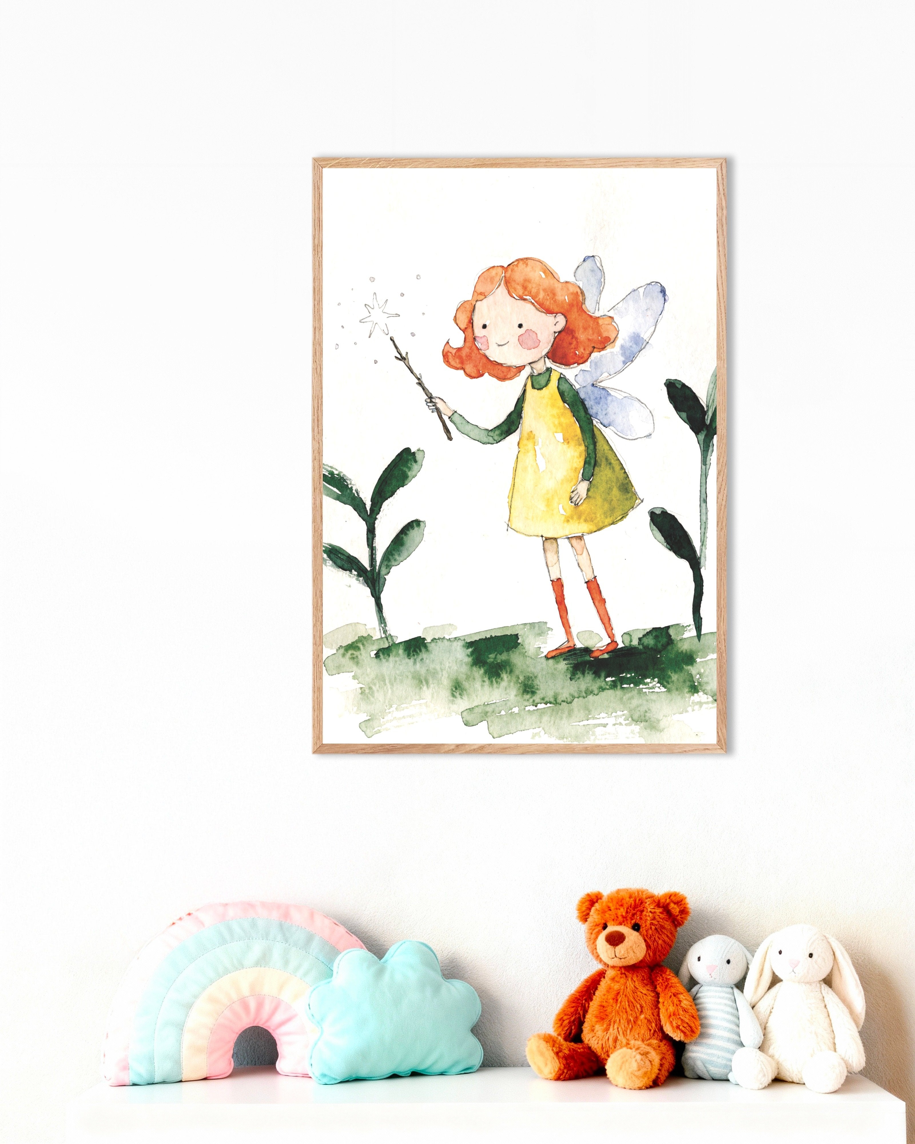 Poster of Little Fairy with Magic Wand - Watercolor Poster, with natural wooden frame