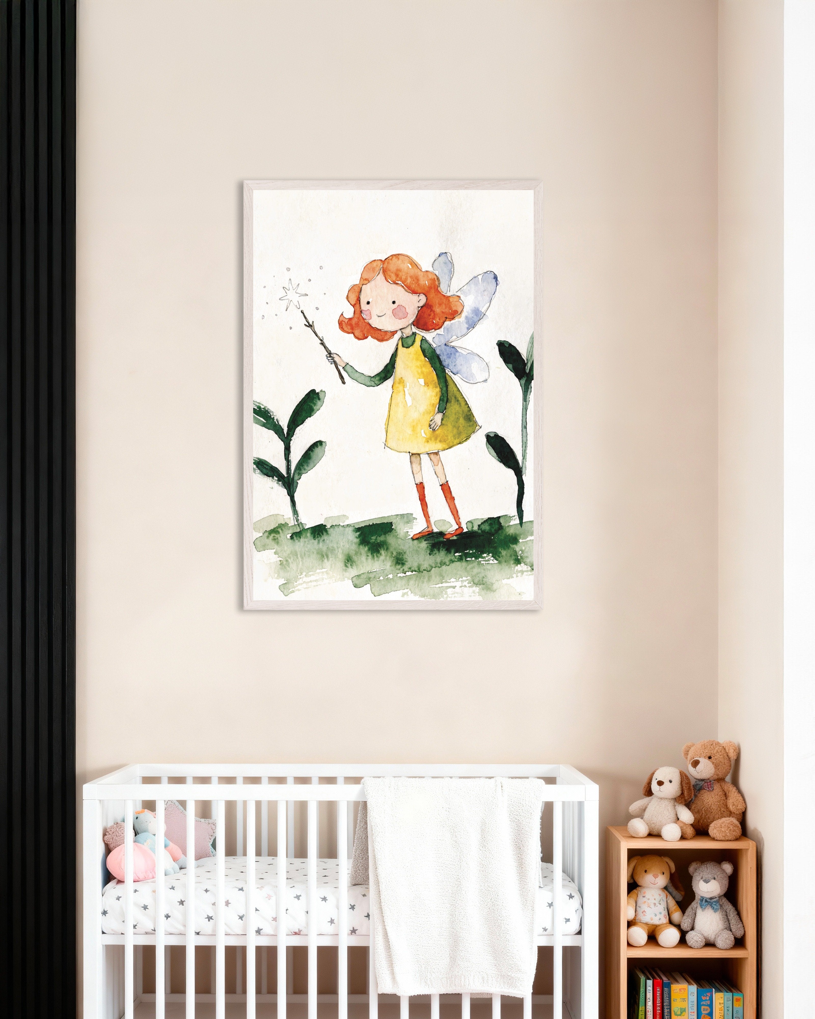 Poster of Little Fairy with Magic Wand - Watercolor Poster, with white wooden frame
