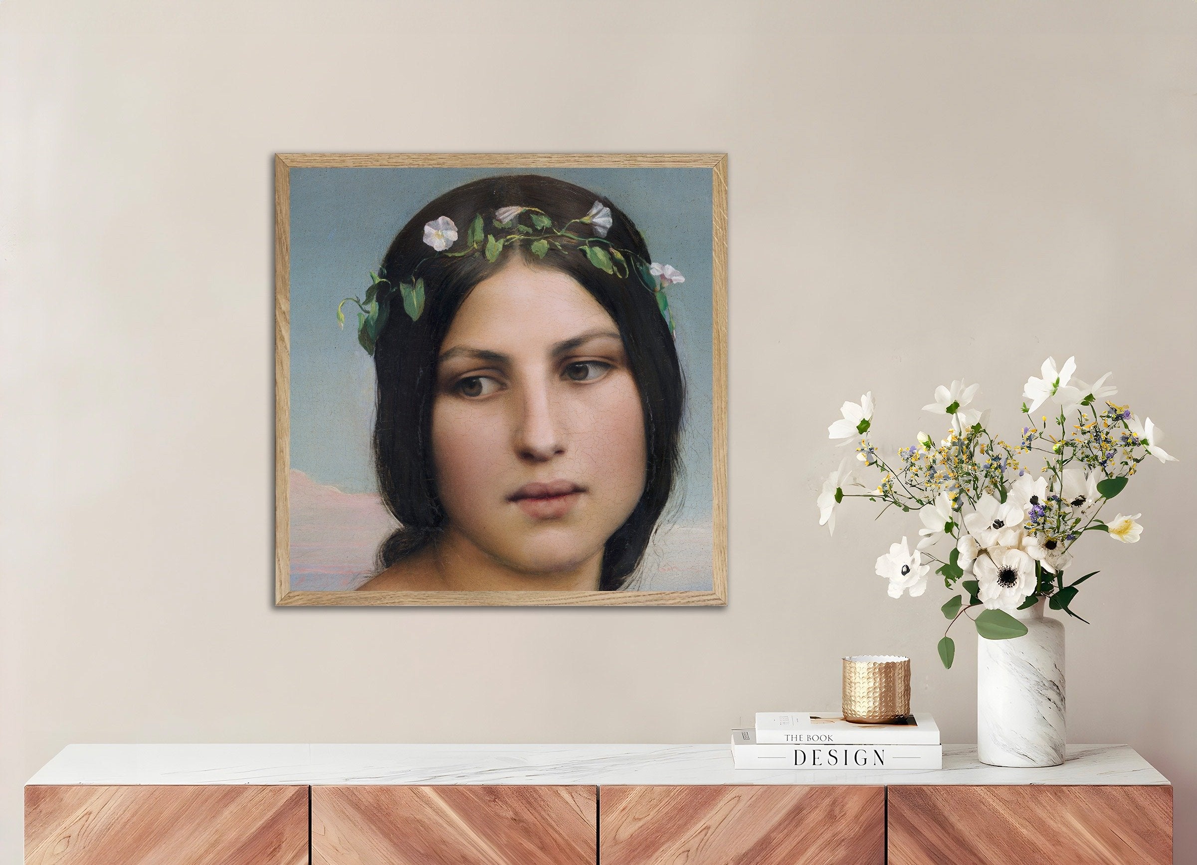 Poster of Louis Janmot "Fleur des Champs" Face Detail - Square Format Art Print, with natural wooden frame