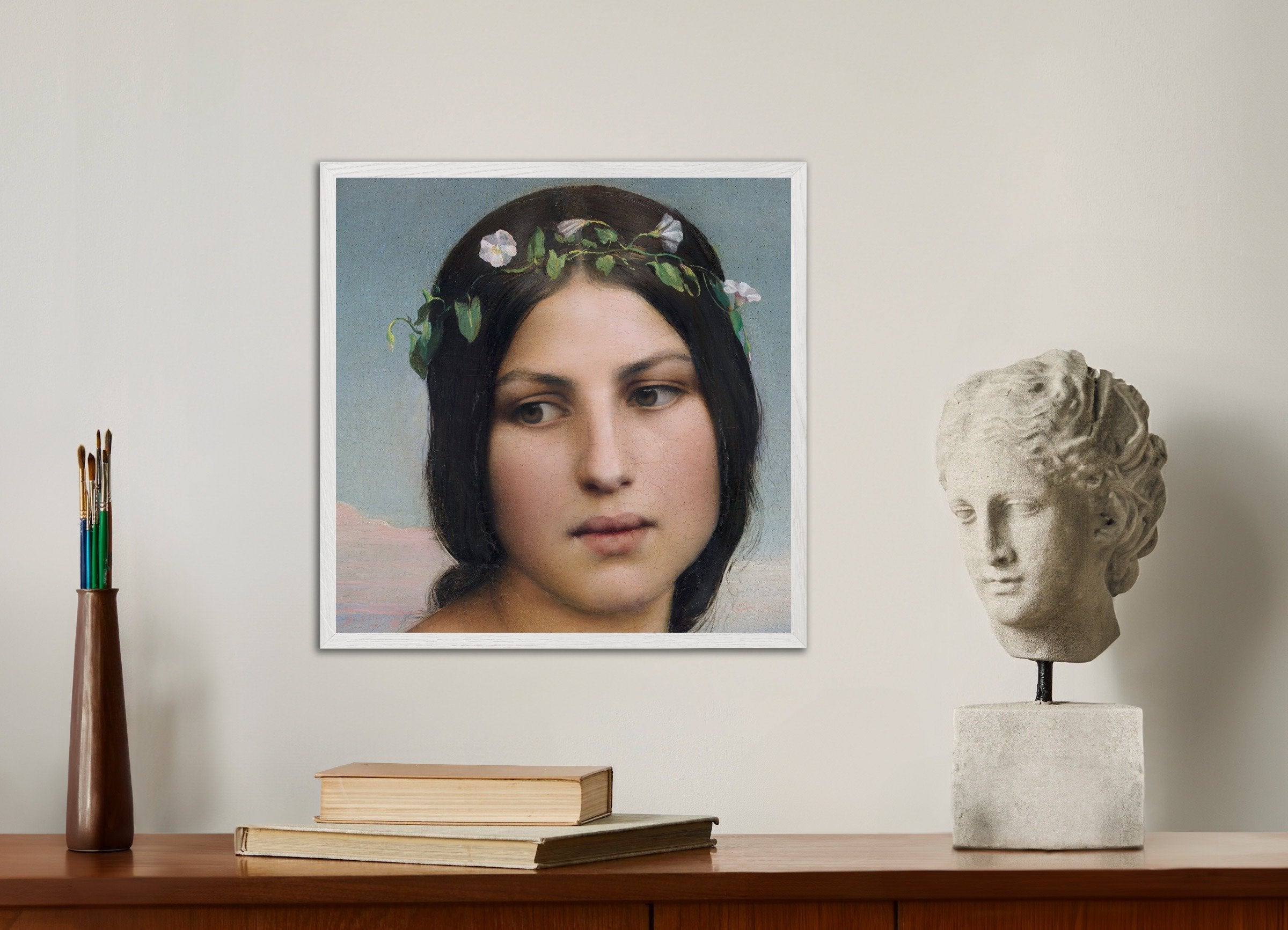 Poster of Louis Janmot "Fleur des Champs" Face Detail - Square Format Art Print, with white wooden frame