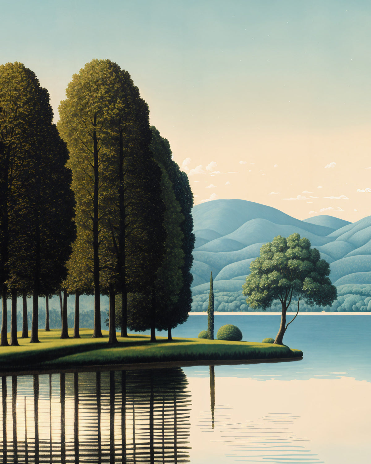 Magritte painting: Landscape with trees, a lake, and mountains