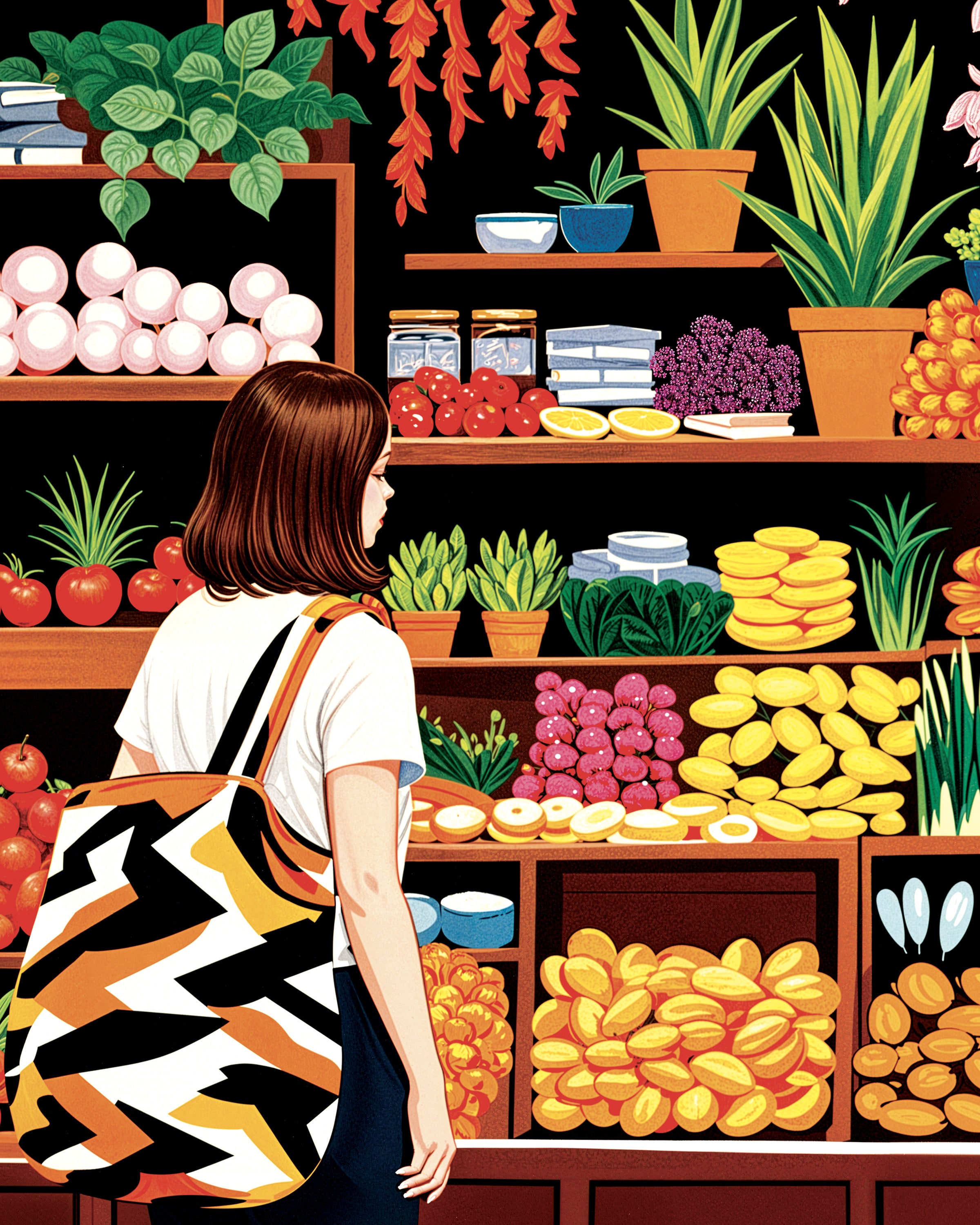 Illustration of a person shopping in a grocery store with shelves stocked with fruits and vegetables.