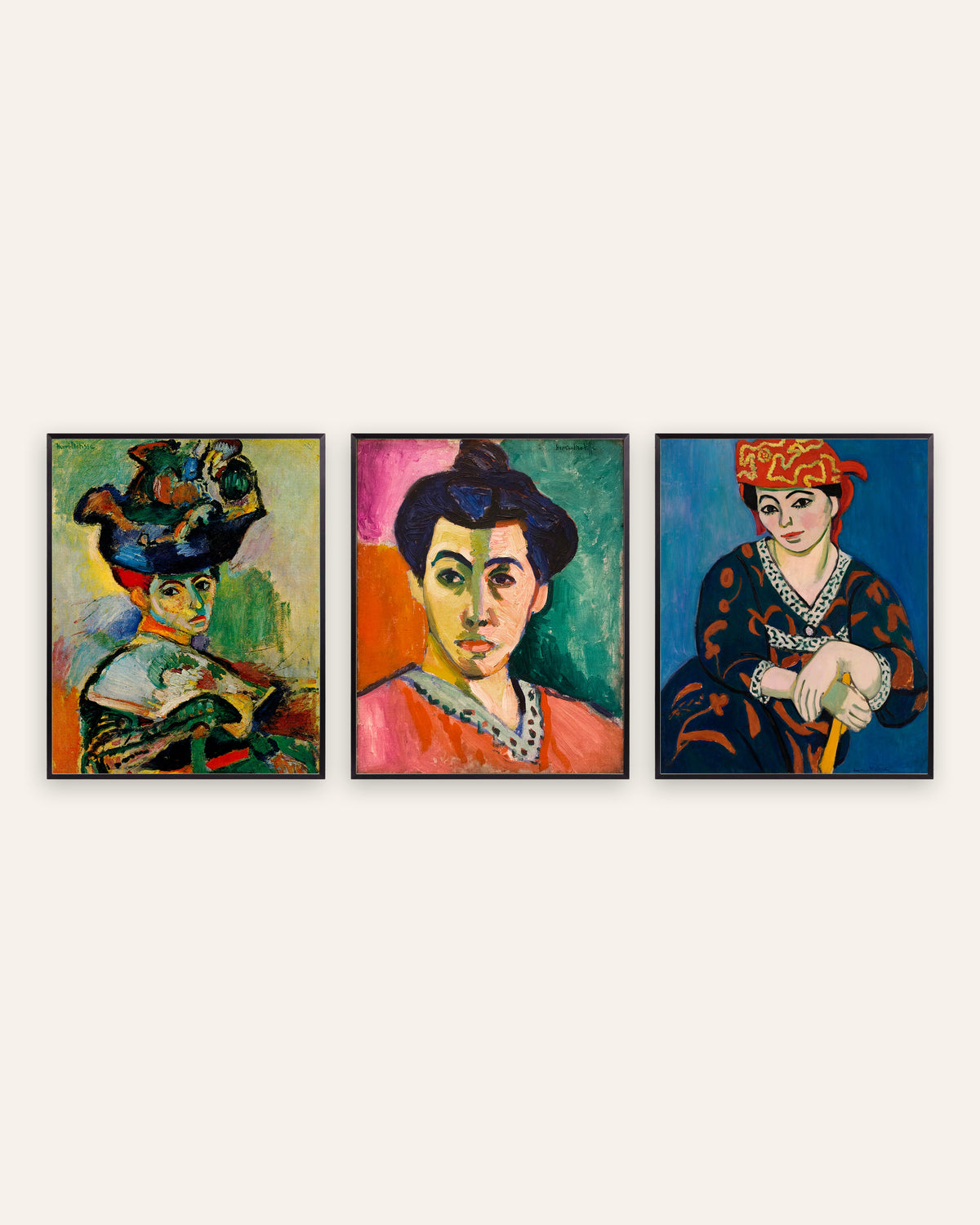 Matisse posters, set van 3 fauvistische portretten: Vrouw met hoed, Madame Matisse en Rode madras-hoofddoek, in zwarte metalen lijsten