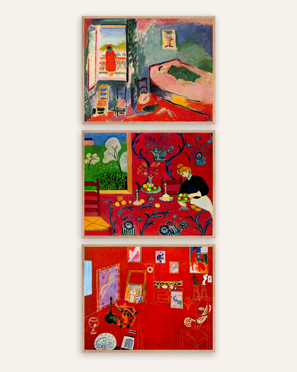 Matisse posters, set van 3: Interieur in Collioure, Harmonie in rood en Het rode atelier, in naturel eikenhouten lijsten