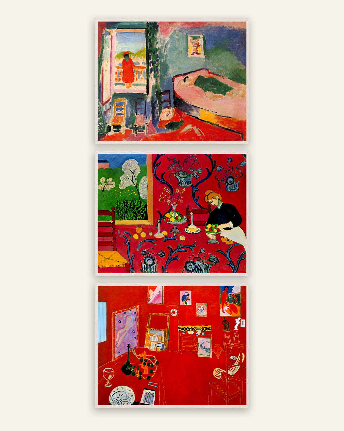 Matisse posters, set van 3: Interieur in Collioure, Harmonie in rood en Het rode atelier, in witte eikenhouten lijsten