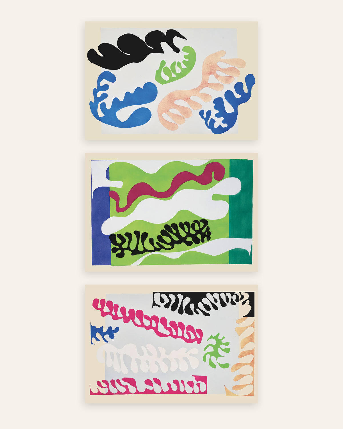 Matisse Jazz posters, set van 3: De lagune in blauw, groen en roze, zonder lijst
