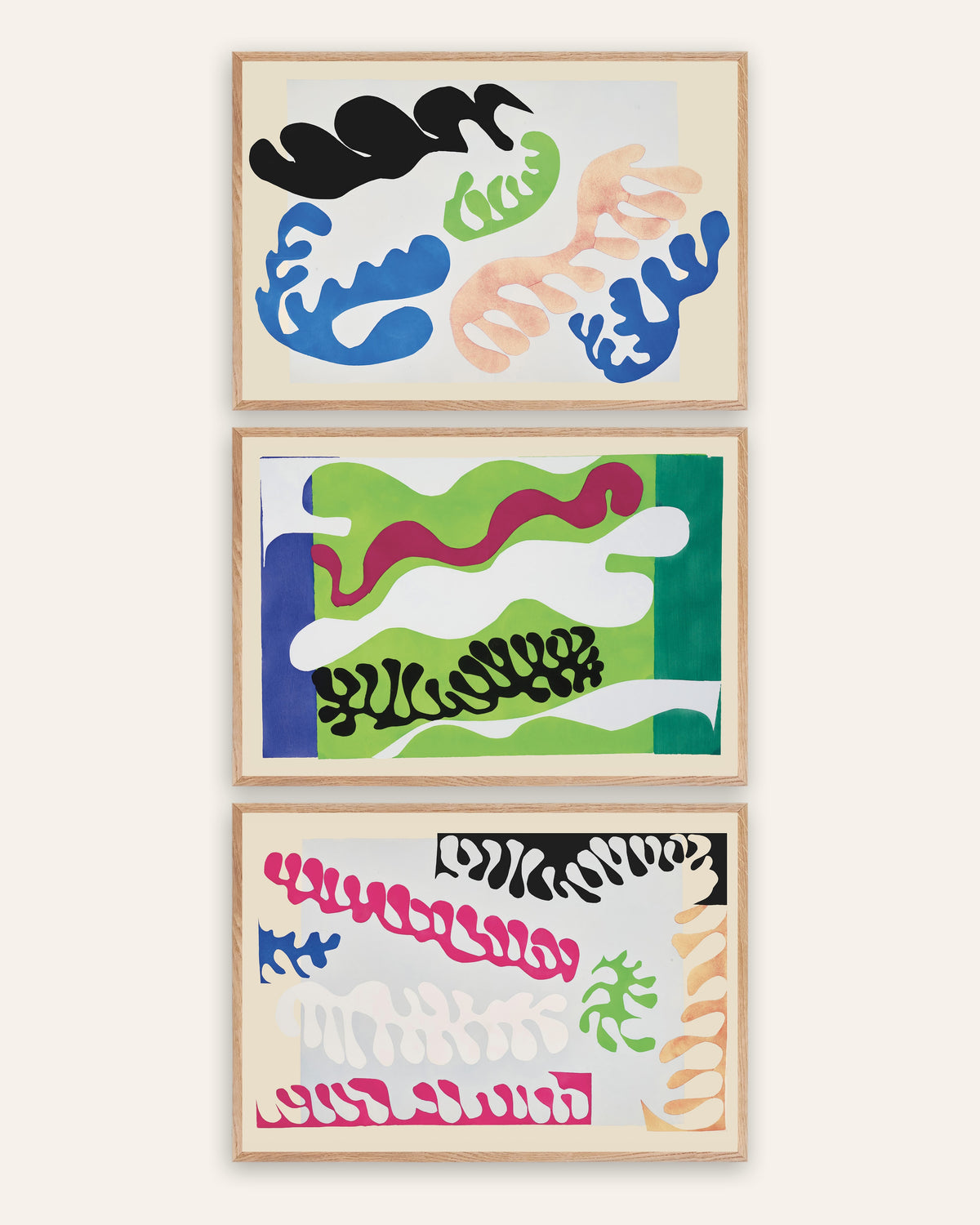 Matisse Jazz posters, set van 3: De lagune in blauw, groen en roze, in naturel eikenhouten lijsten