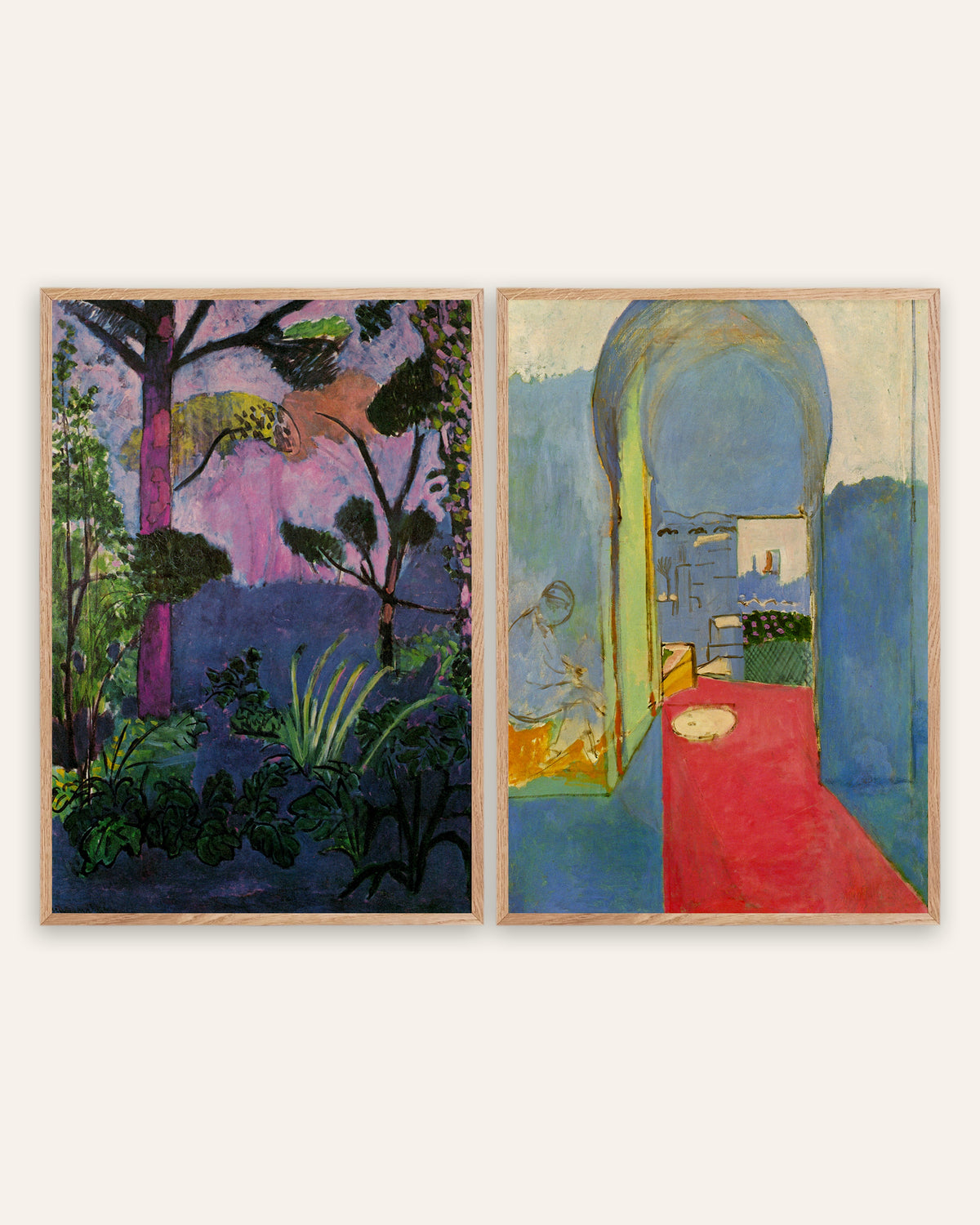 Matisse posters, set van 2: Marokkaans landschap (Acanthus) en Toegang tot de kasba, in naturel eikenhouten lijsten
