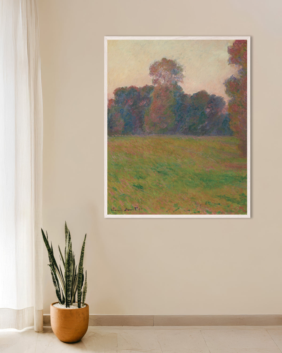 Poster Weide bij Giverny (1886) van Claude Monet met witte houten lijst