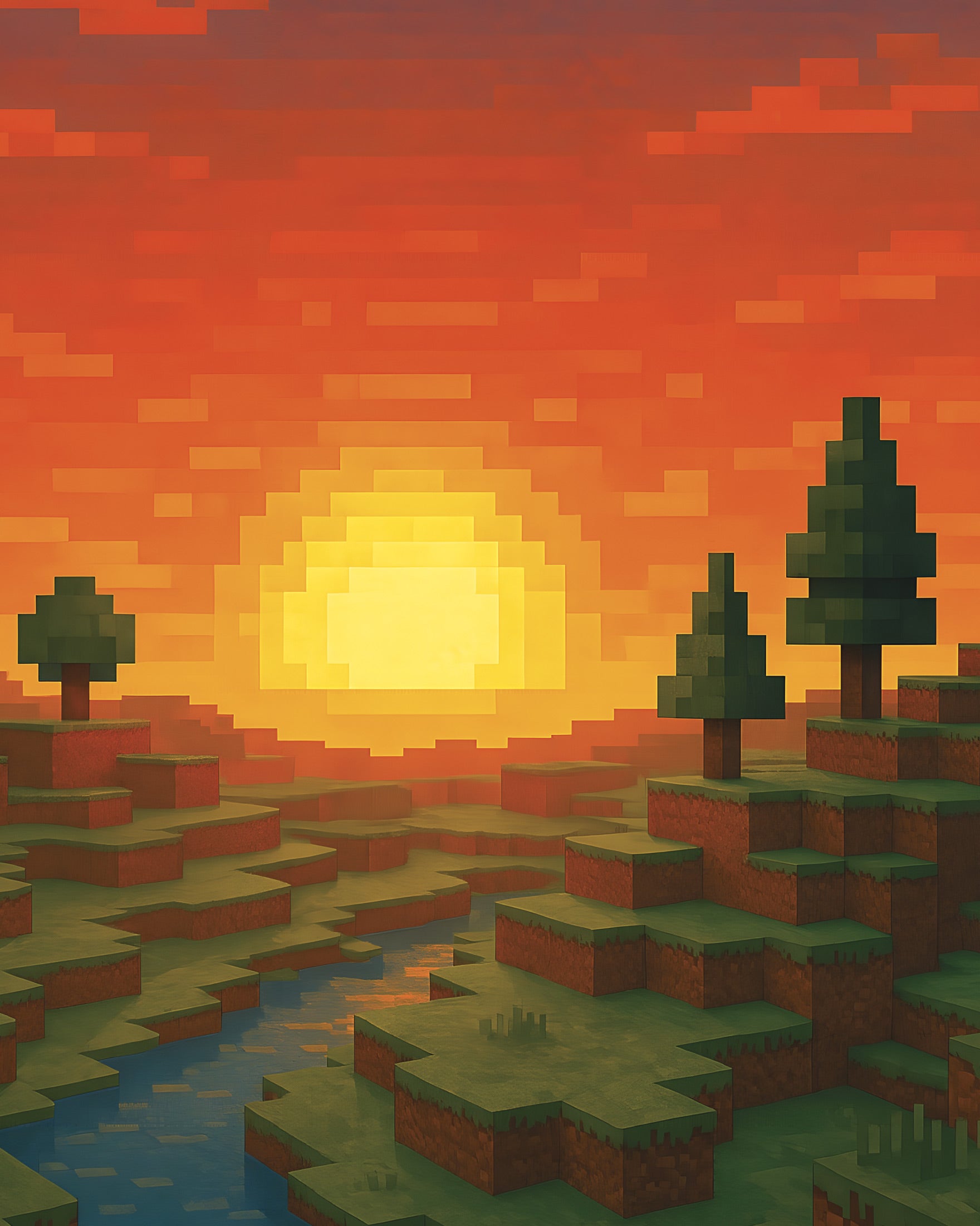 Minecraft Zonsondergang – pixel art fanposter met rivier en bomen