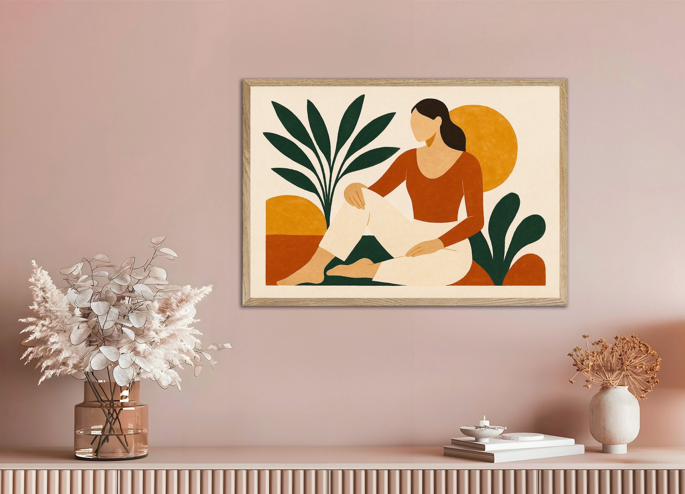 Poster of Modern Odalisque – abstract female figure with plants, with natural wooden frame