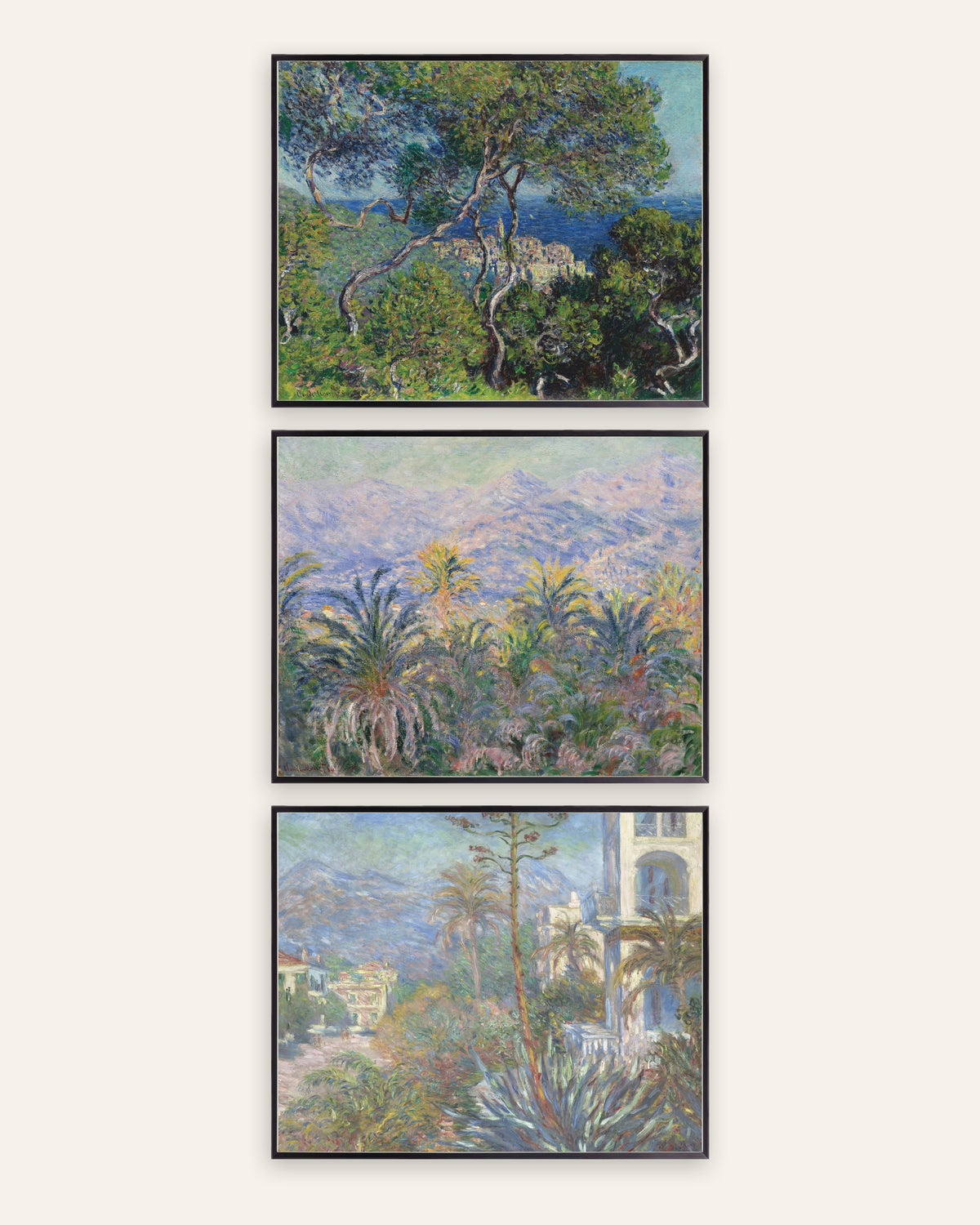 Monet Bordighera posters, set van 3: dennen, palmen en villa’s aan de Riviera, in zwarte metalen lijsten