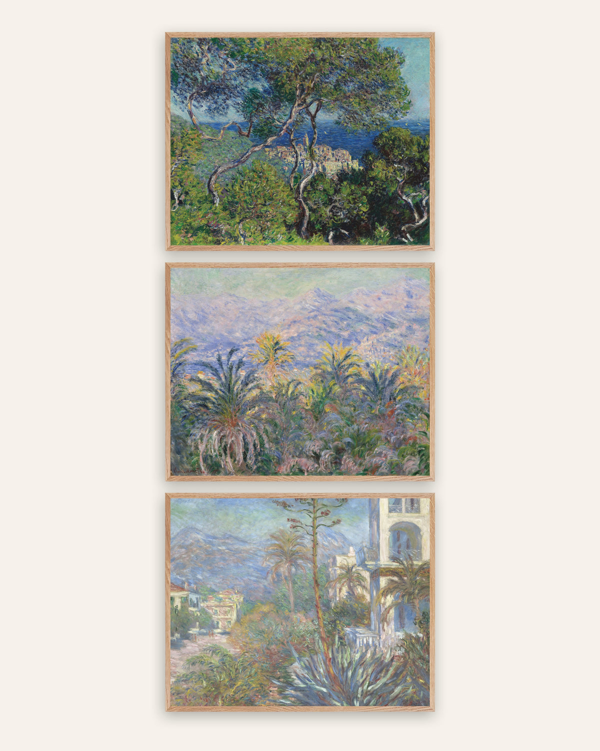 Monet Bordighera posters, set van 3: dennen, palmen en villa’s aan de Riviera, in naturel eikenhouten lijsten