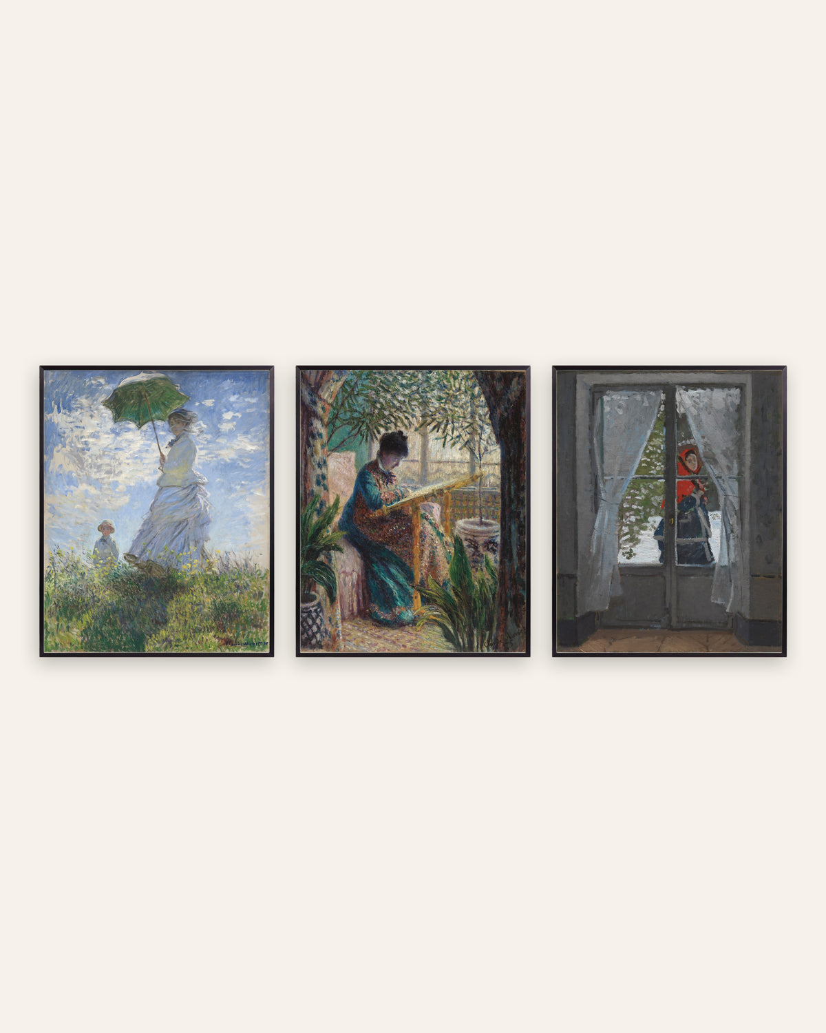 Monet Camille posters, set van 3: vrouw met parasol en rode hoofddoek, in zwarte metalen lijsten