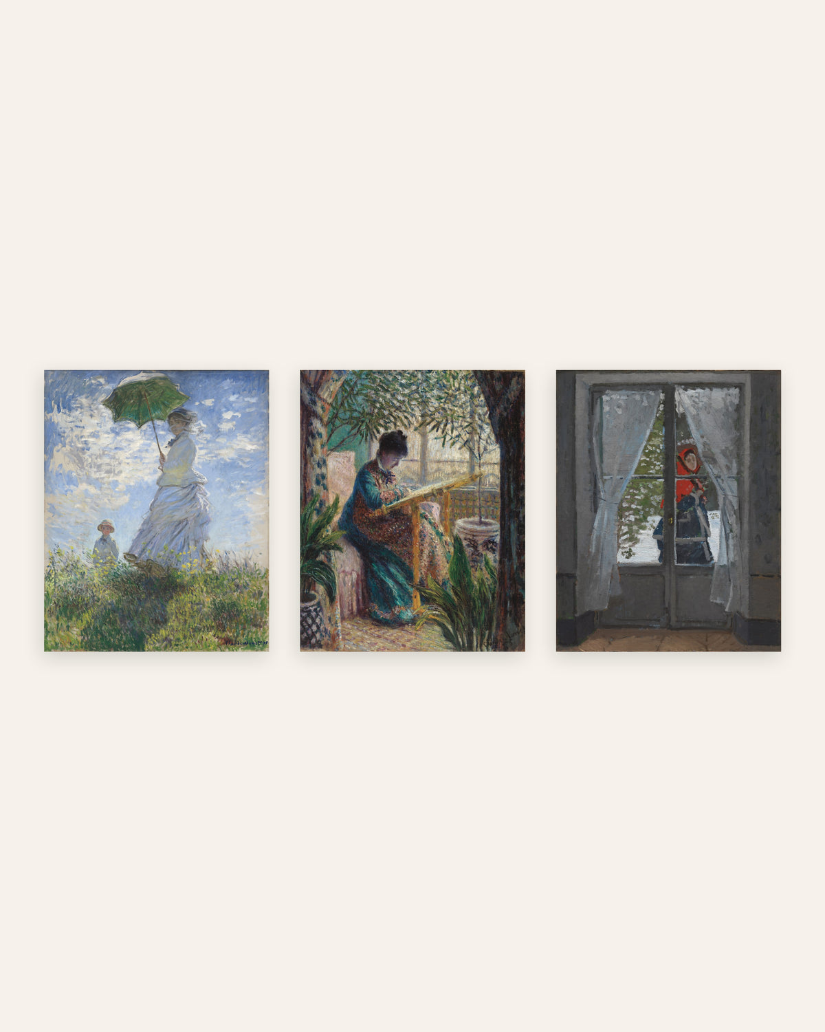 Monet Camille posters, set van 3: vrouw met parasol en rode hoofddoek, zonder lijst