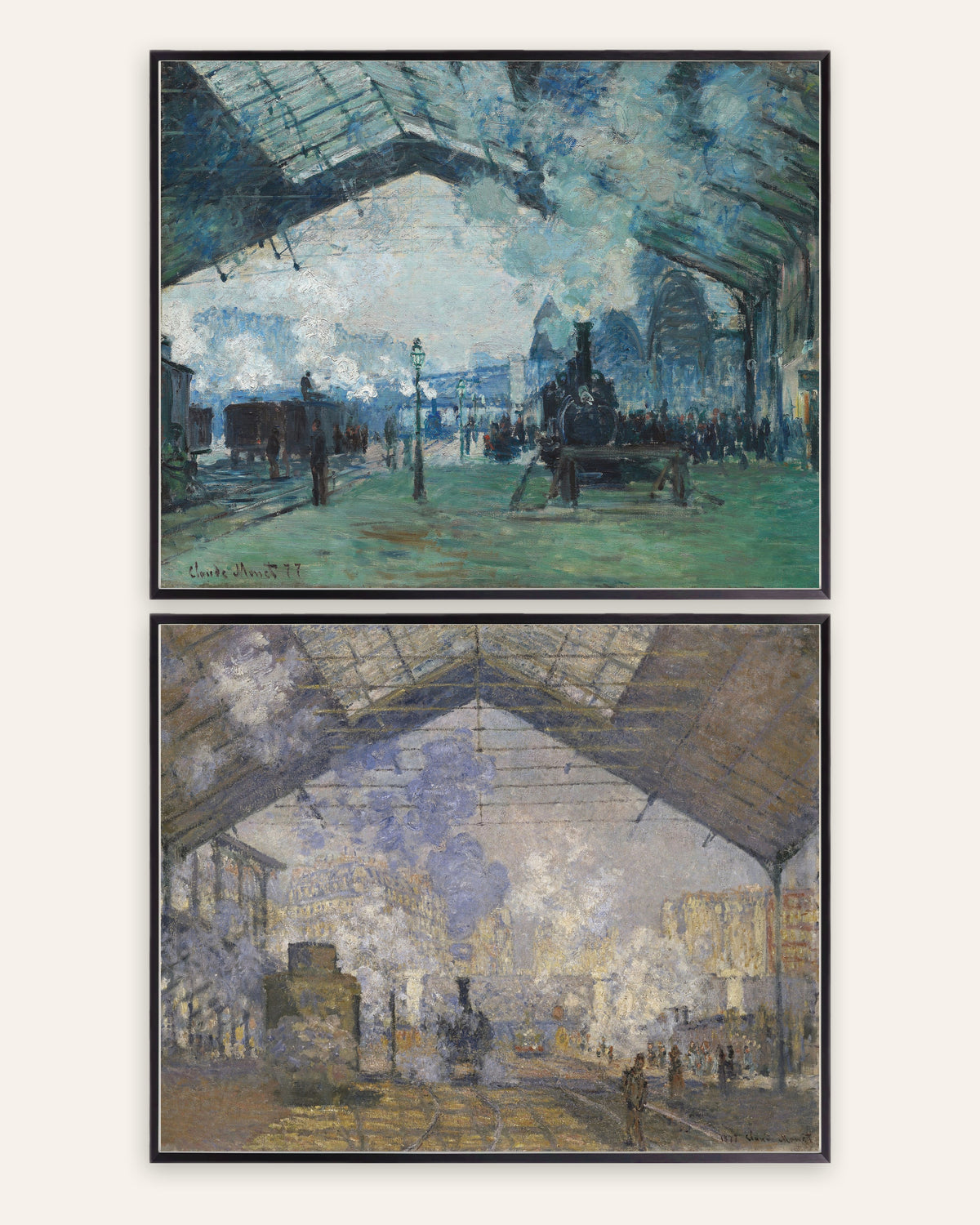 Monet Gare Saint-Lazare posters, set van 2: stoom en treinen, in zwarte metalen lijsten