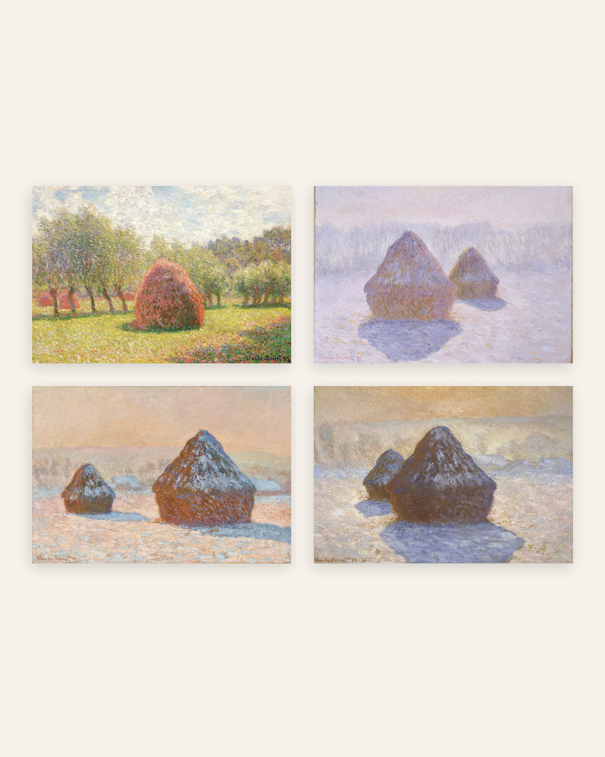 Monet graanschelven posters, set van 4: van zomer tot sneeuw, zonder lijst