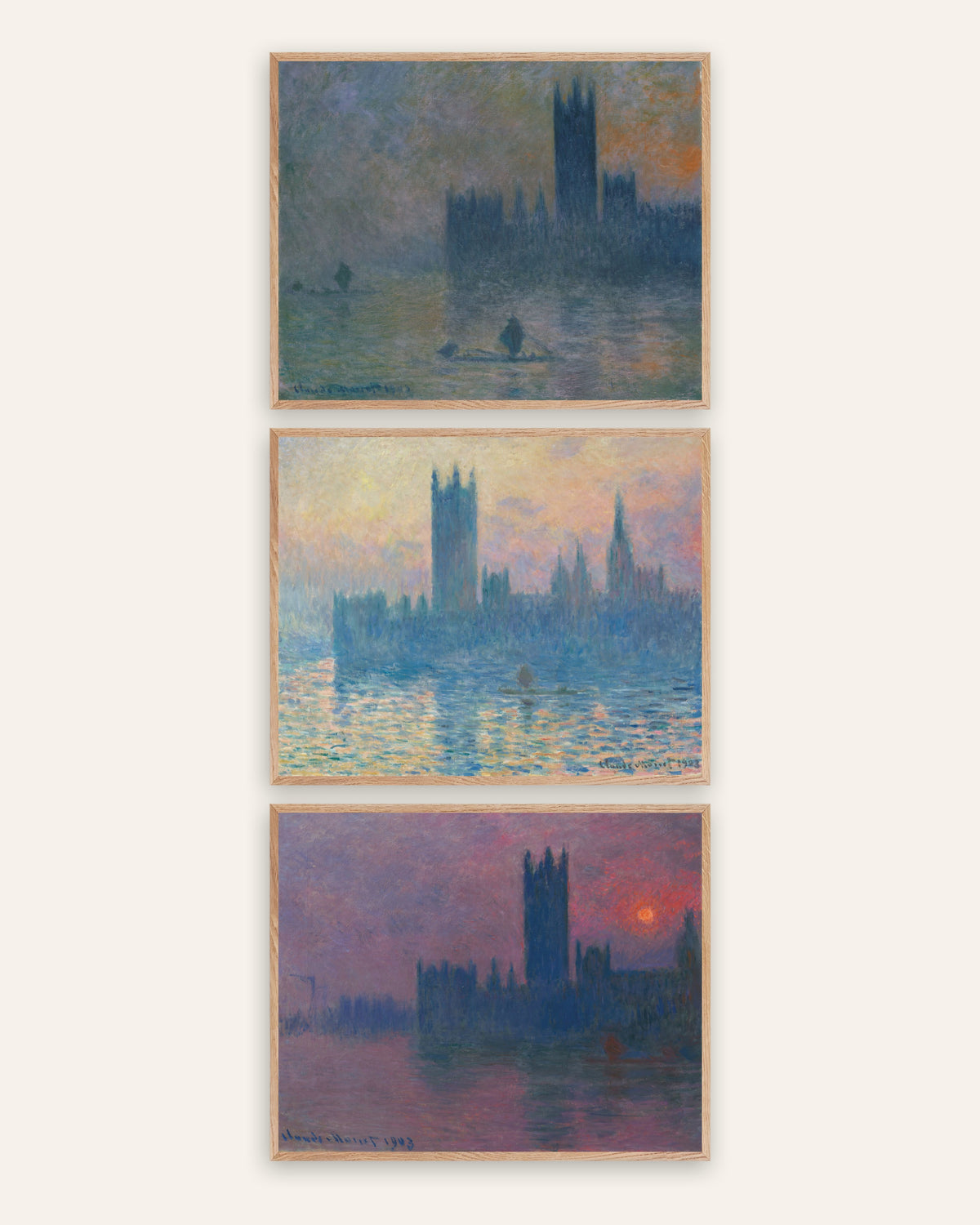 Monet Londens parlement posters, set van 3: mist en zonsondergang, in naturel eikenhouten lijsten