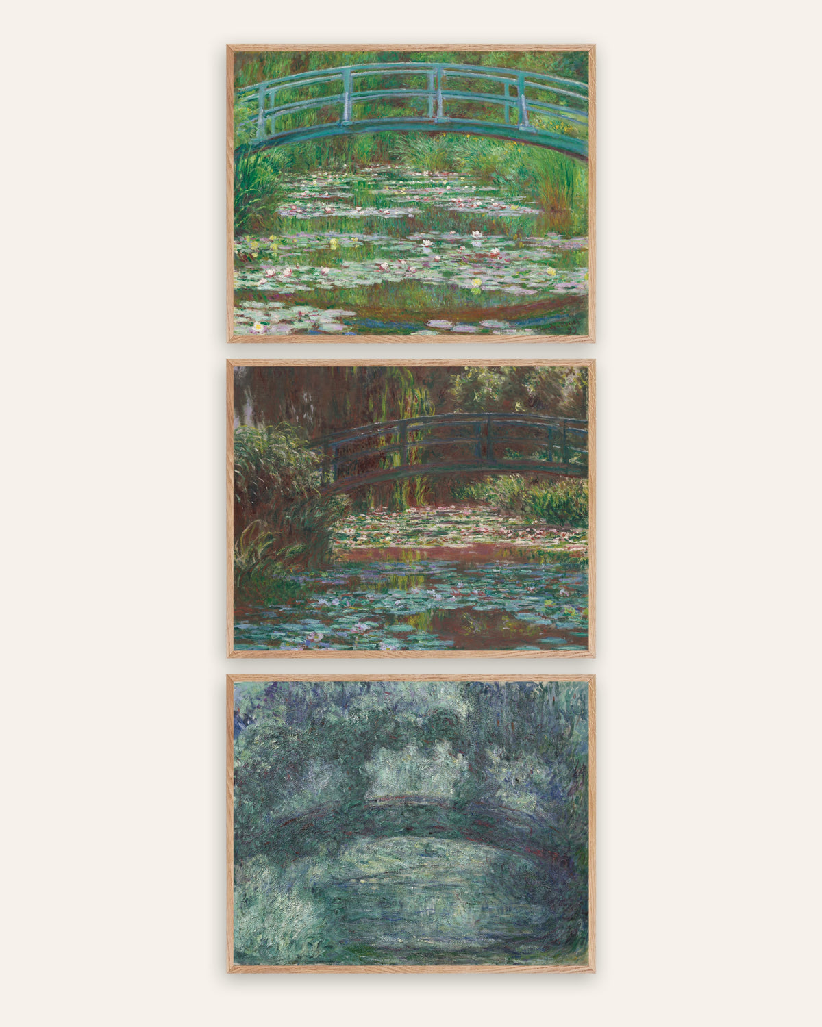 Monet Japanse brug posters, set van 3: Giverny, 1899 tot 1924, in naturel eikenhouten lijsten