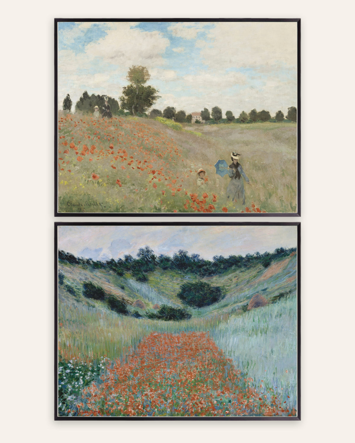 Monet klaprozen posters, set van 2: Argenteuil en Giverny, in zwarte metalen lijsten