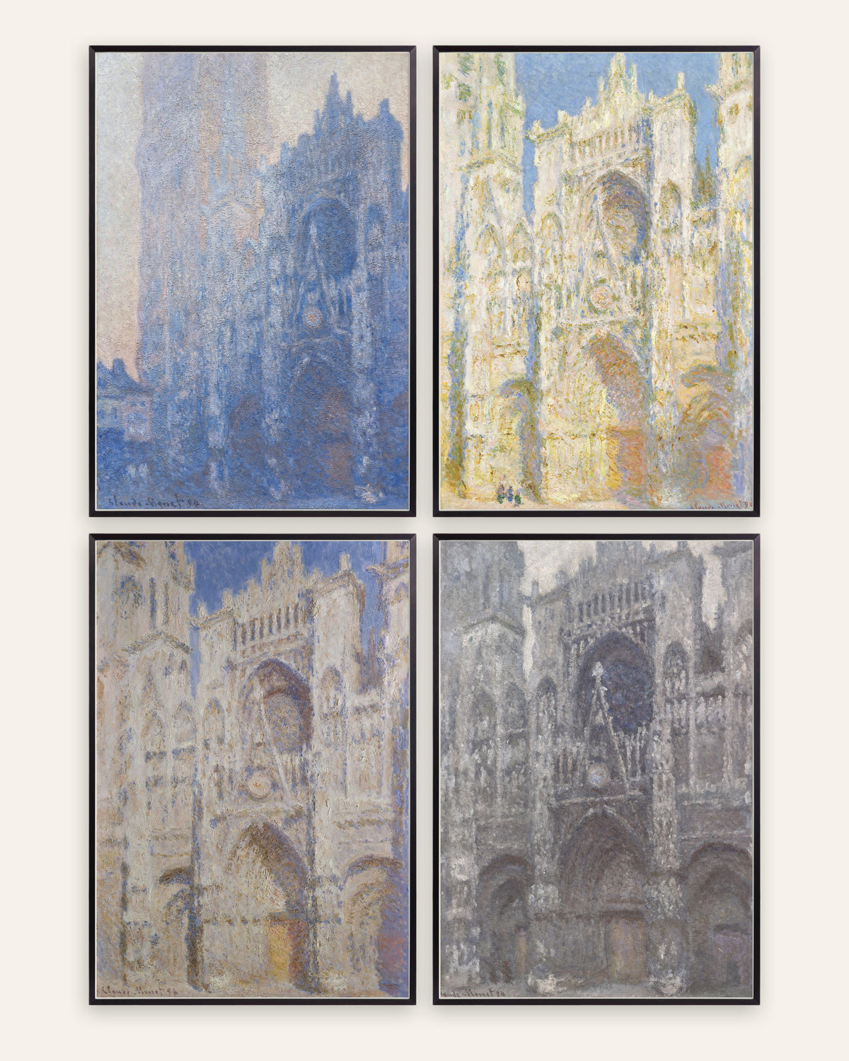 Monet kathedraal van Rouen posters, set van 4: van ochtend tot grijs weer, in zwarte metalen lijsten