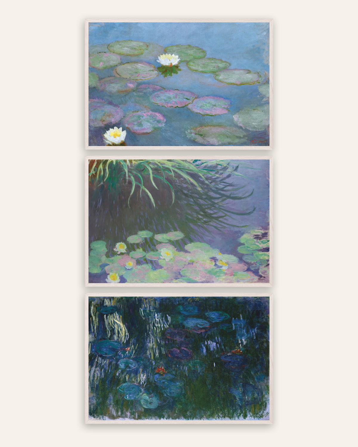 Monet waterlelies posters, set van 3: vroege en late panorama’s, in witte eikenhouten lijsten