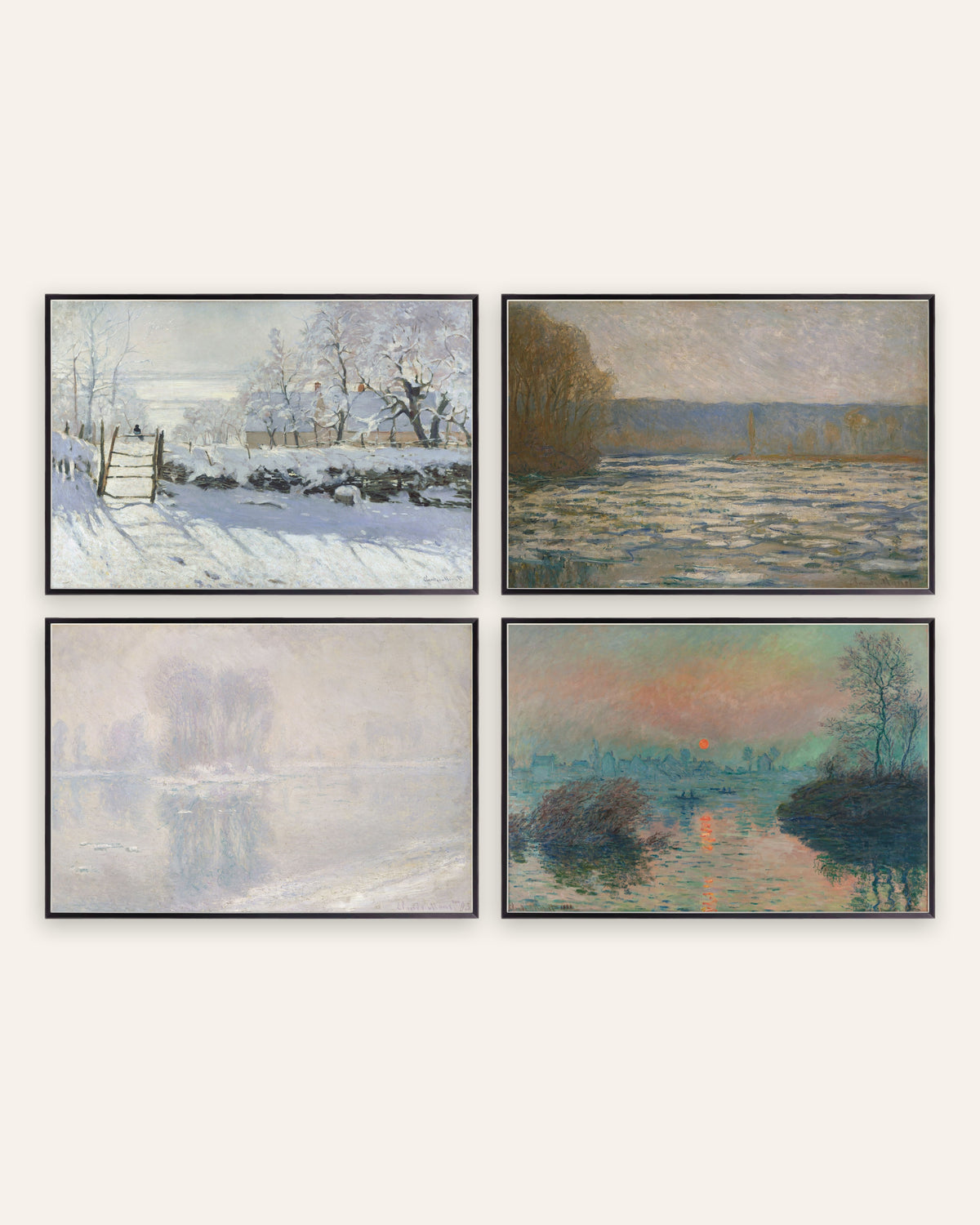 Monet winter posters, set van 4: De ekster, ijs en winterzon, in zwarte metalen lijsten