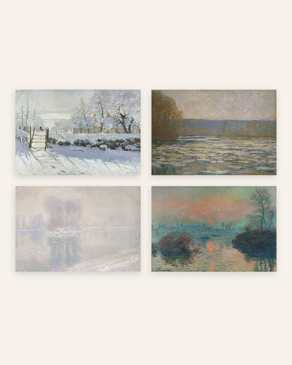 Monet winter posters, set van 4: De ekster, ijs en winterzon, zonder lijst
