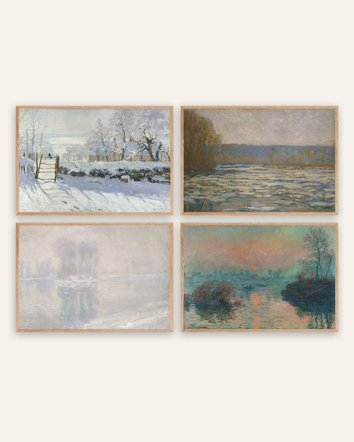 Monet winter posters, set van 4: De ekster, ijs en winterzon, in naturel eikenhouten lijsten
