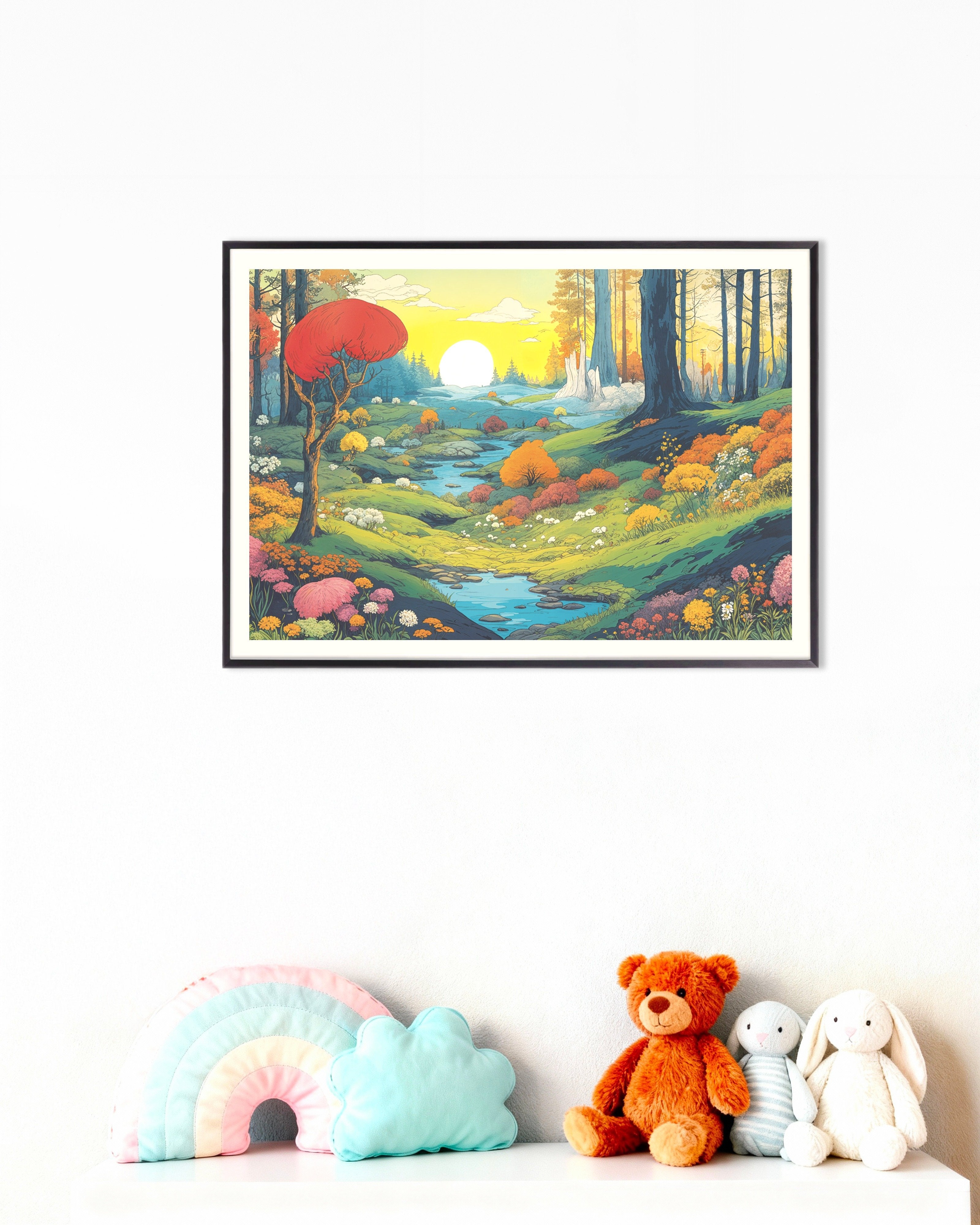Poster of Moomin inspired sunlit valley poster, with metal frame