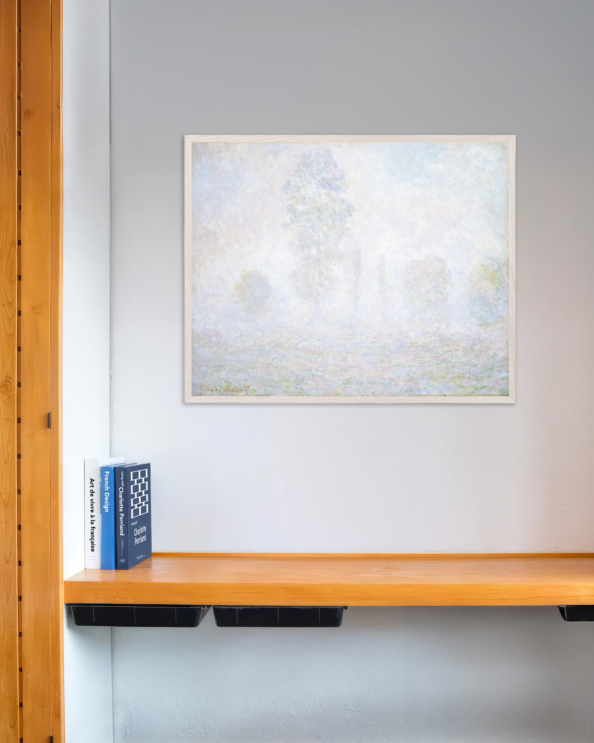 Poster Ochtendnevel (1888) van Claude Monet met witte houten lijst