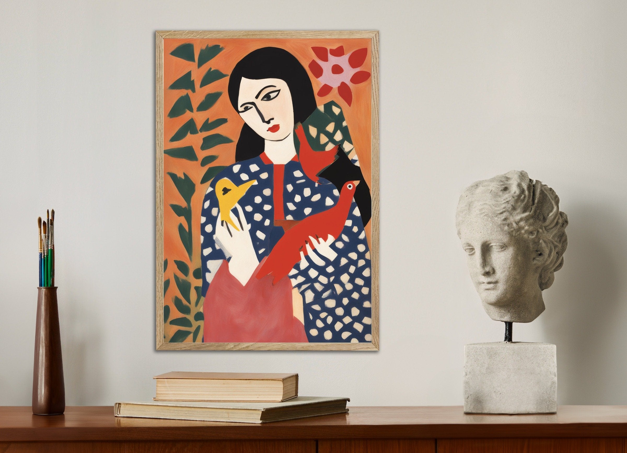 Poster of Natasha with birds art print, with natural wooden frame