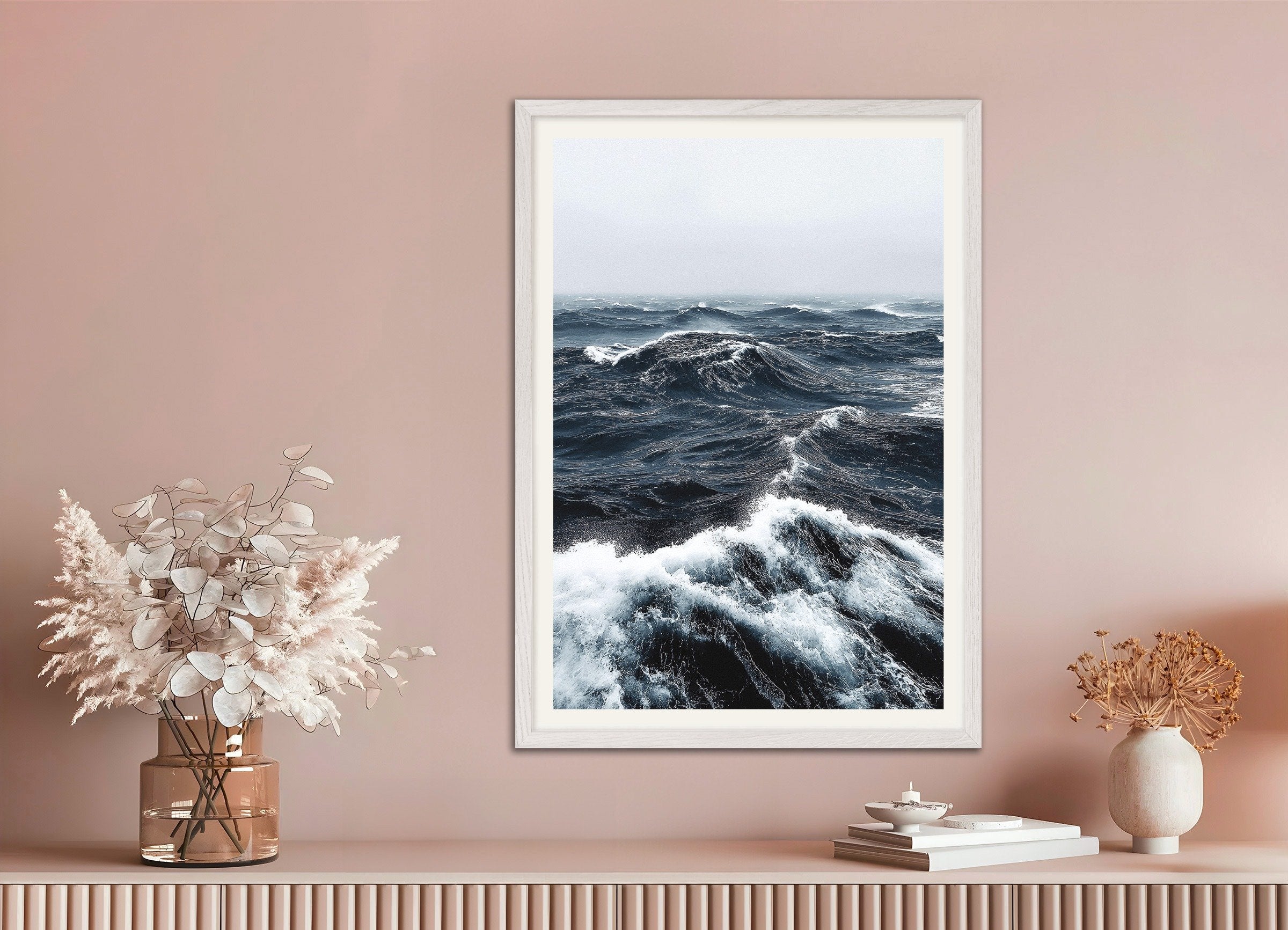 Poster of Ocean waves photography print, with white wooden frame