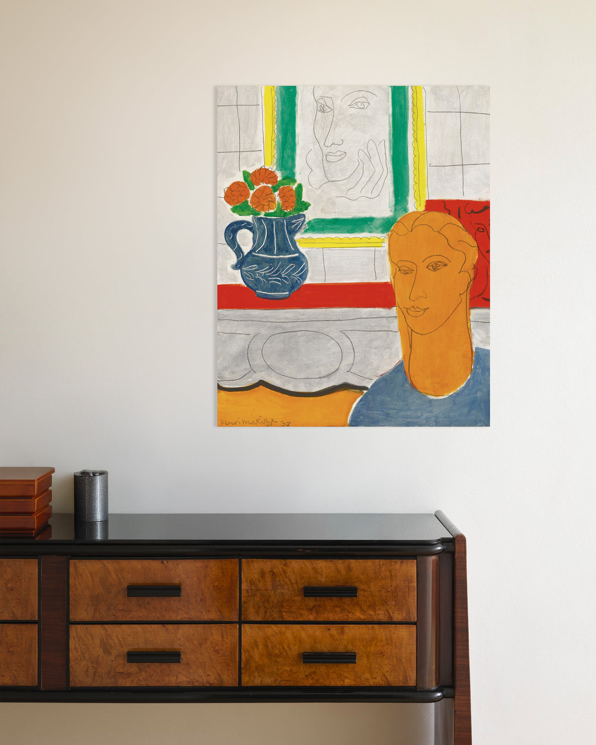 Poster van Okerkleurig hoofd (Figuur en boeket) (1937) van Henri Matisse