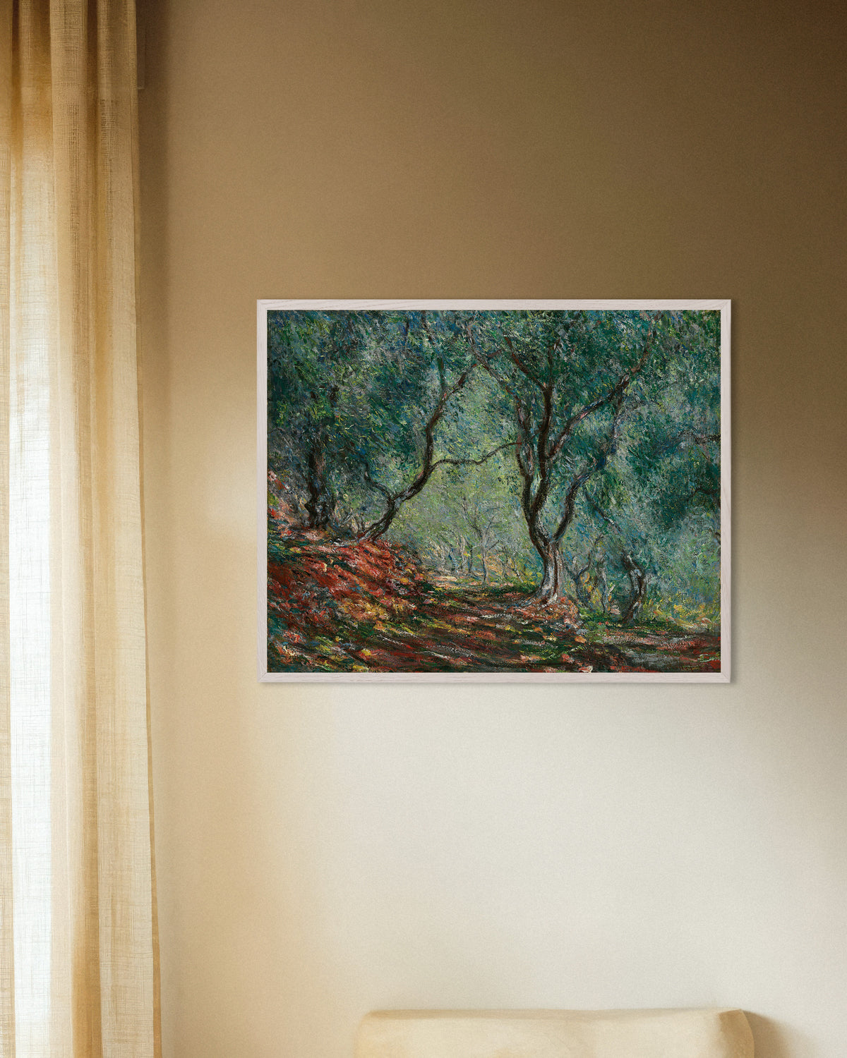Poster Olijfbomen in de tuin van Moreno (1884) van Claude Monet met witte houten lijst