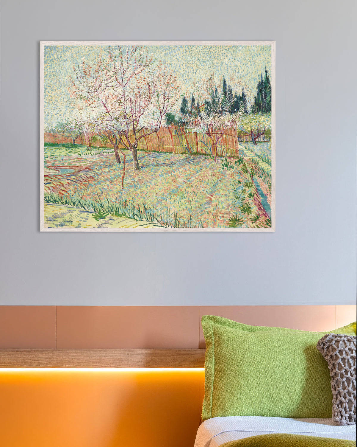 Poster van Boomgaard omzoomd door cipressen (1888) van Vincent van Gogh, met witte houten lijst