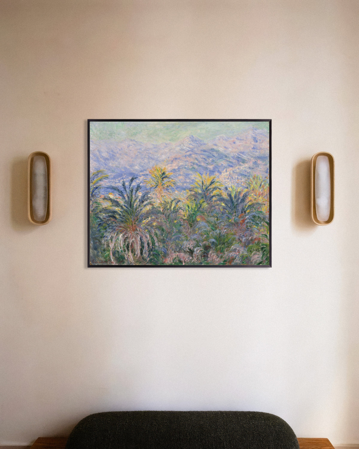 Poster Palmbomen in Bordighera (1884) van Claude Monet met metalen lijst