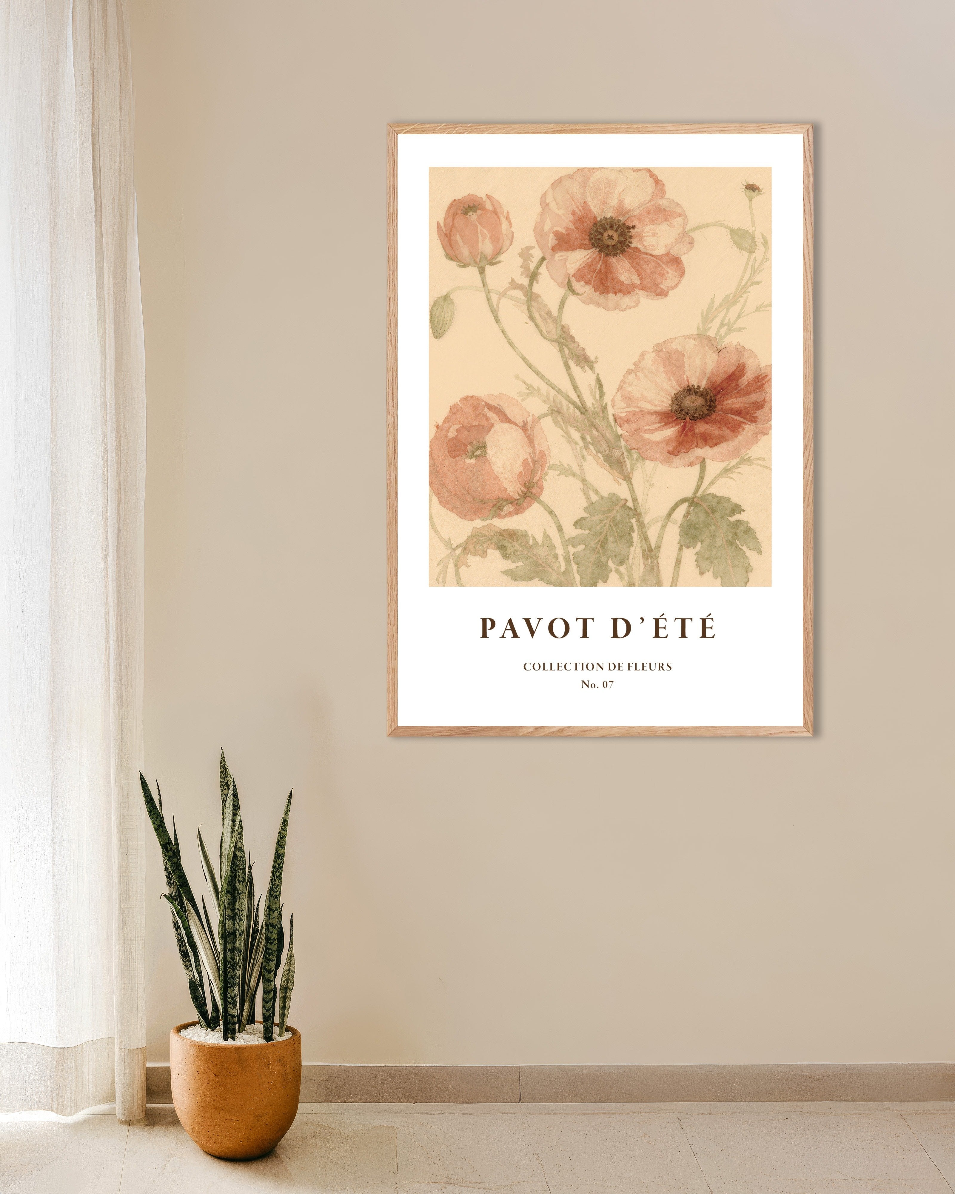 Poster of "Pavot d’Été" Botanical Poster, Summer Poppies No. 07, with natural wooden frame