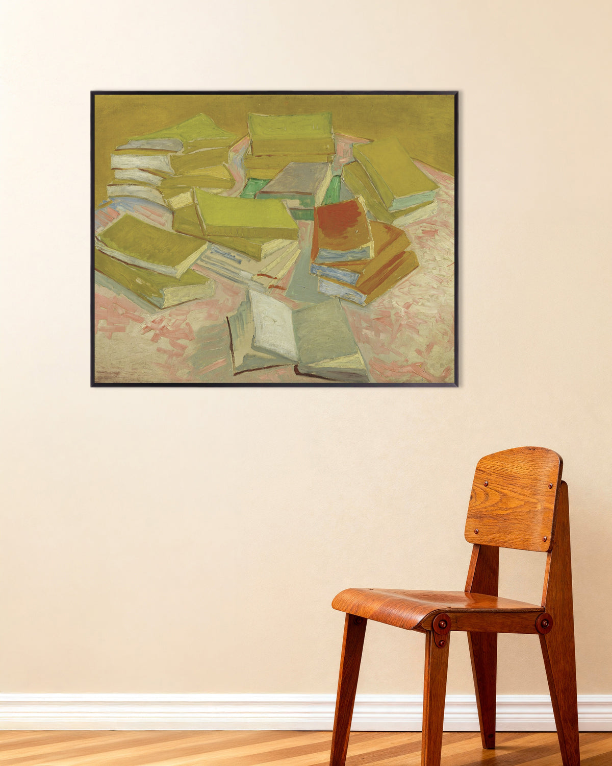 Poster van Stapel Franse romans (1887) van Vincent van Gogh, met metalen lijst