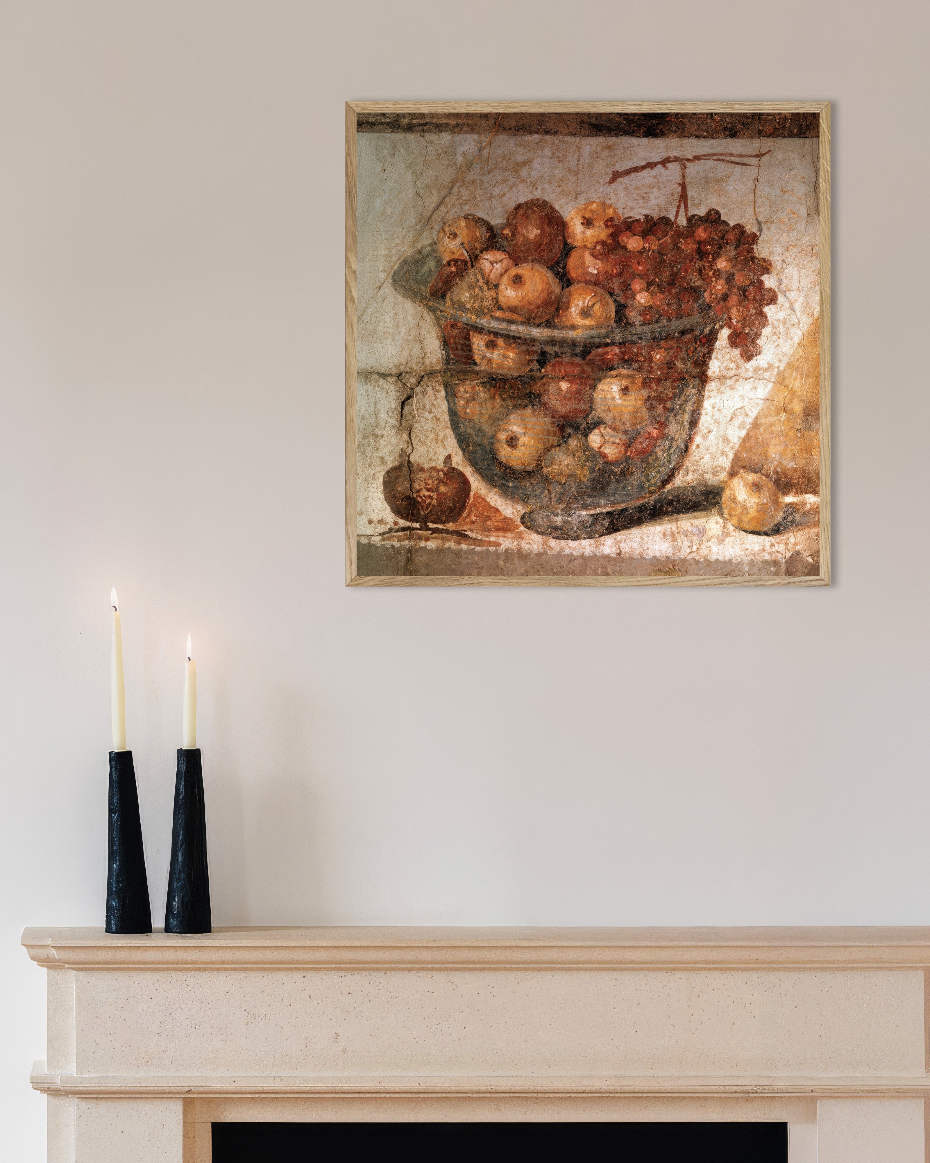 Poster of Pompeii fresco detail with fruit bowl, with natural wooden frame