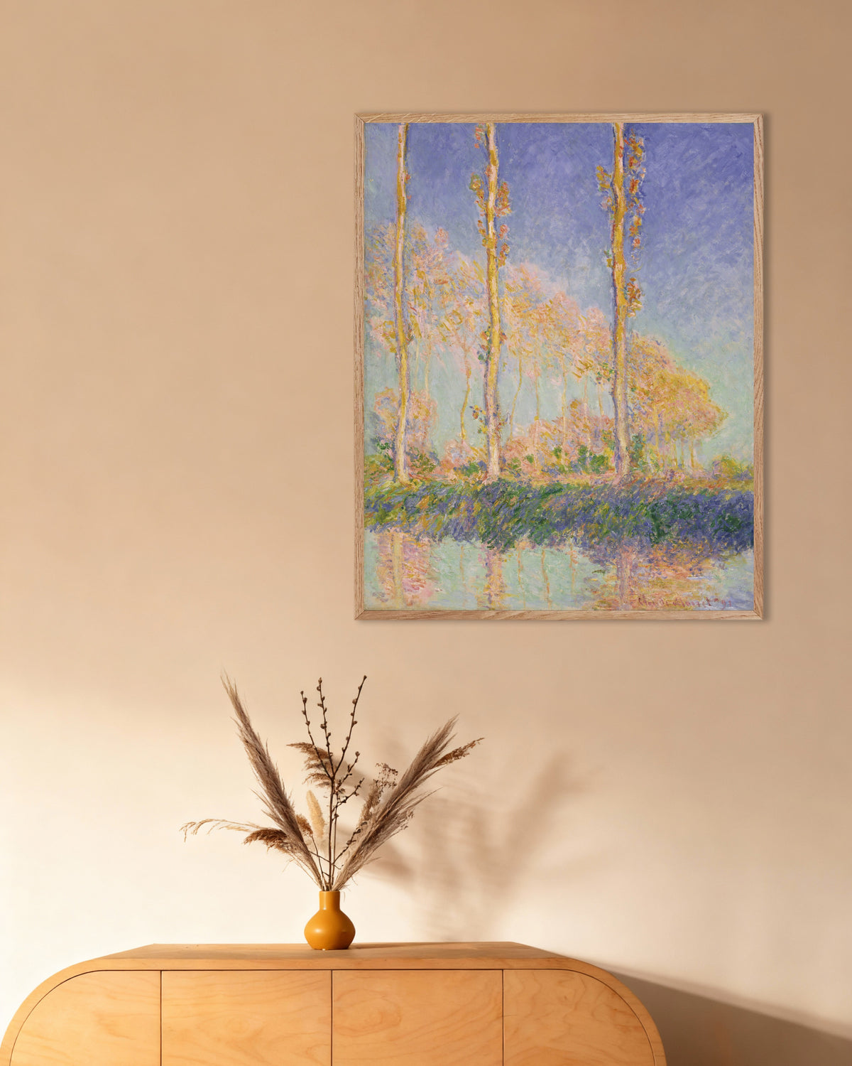 Poster Populieren (1891) van Claude Monet met naturel houten lijst