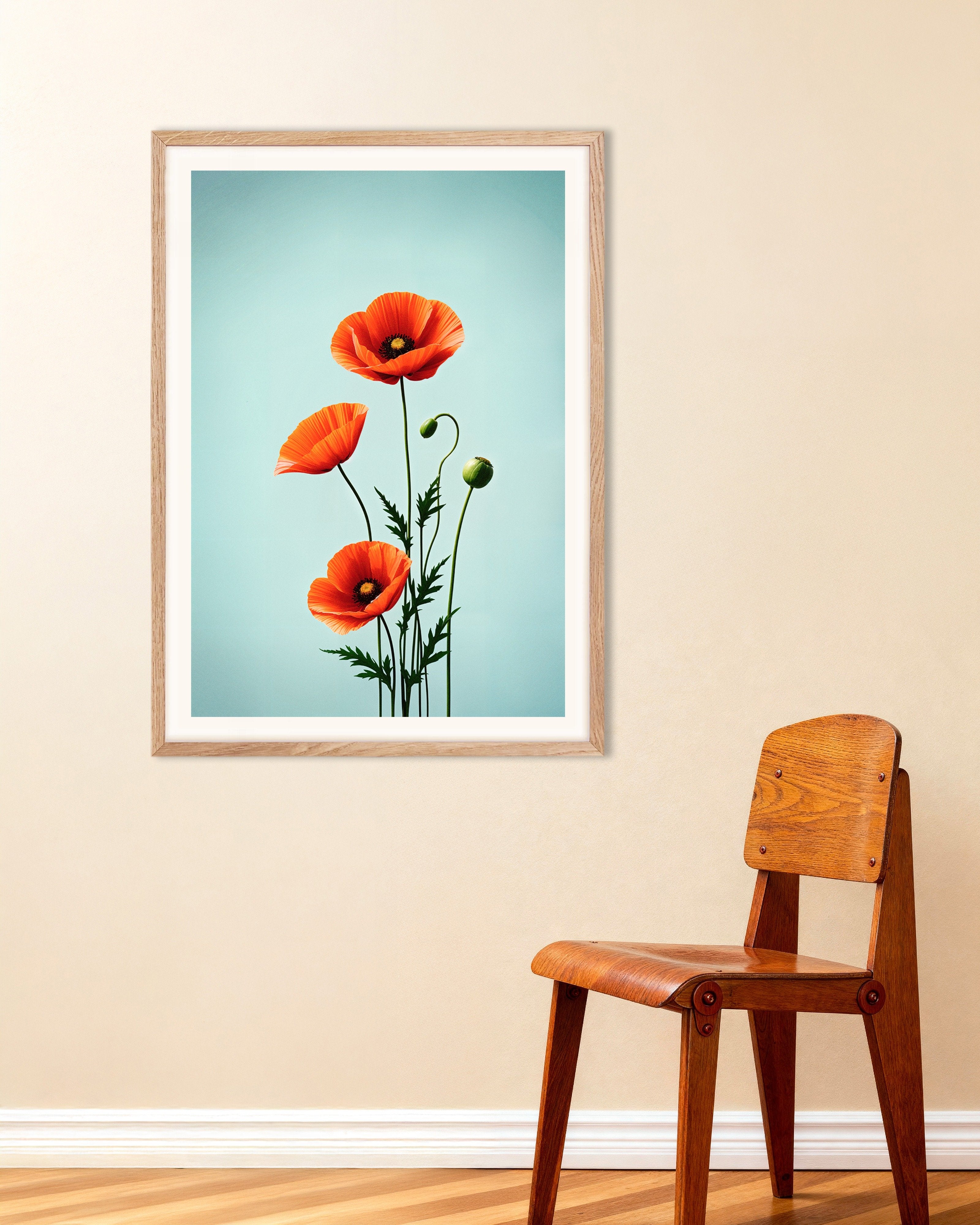 Poster of Poppies 02 - Poster, with natural wooden frame