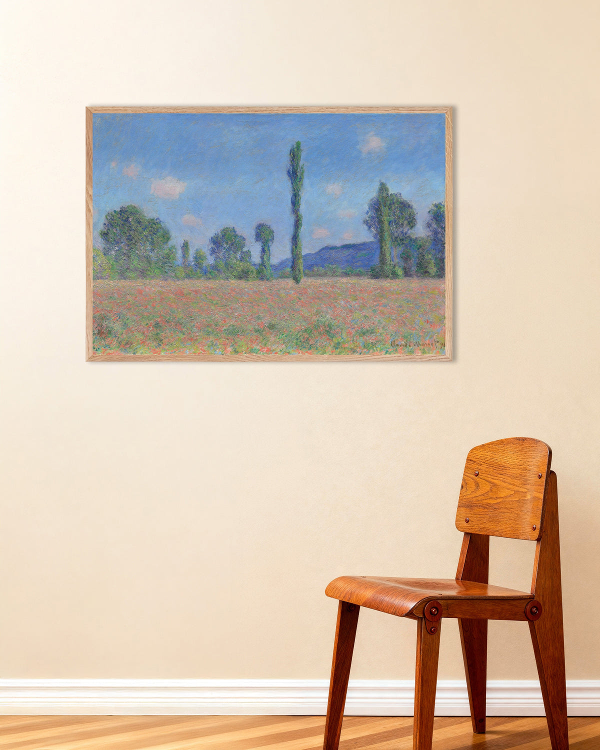 Poster Klaprozenveld, Giverny (1890) van Claude Monet met naturel houten lijst