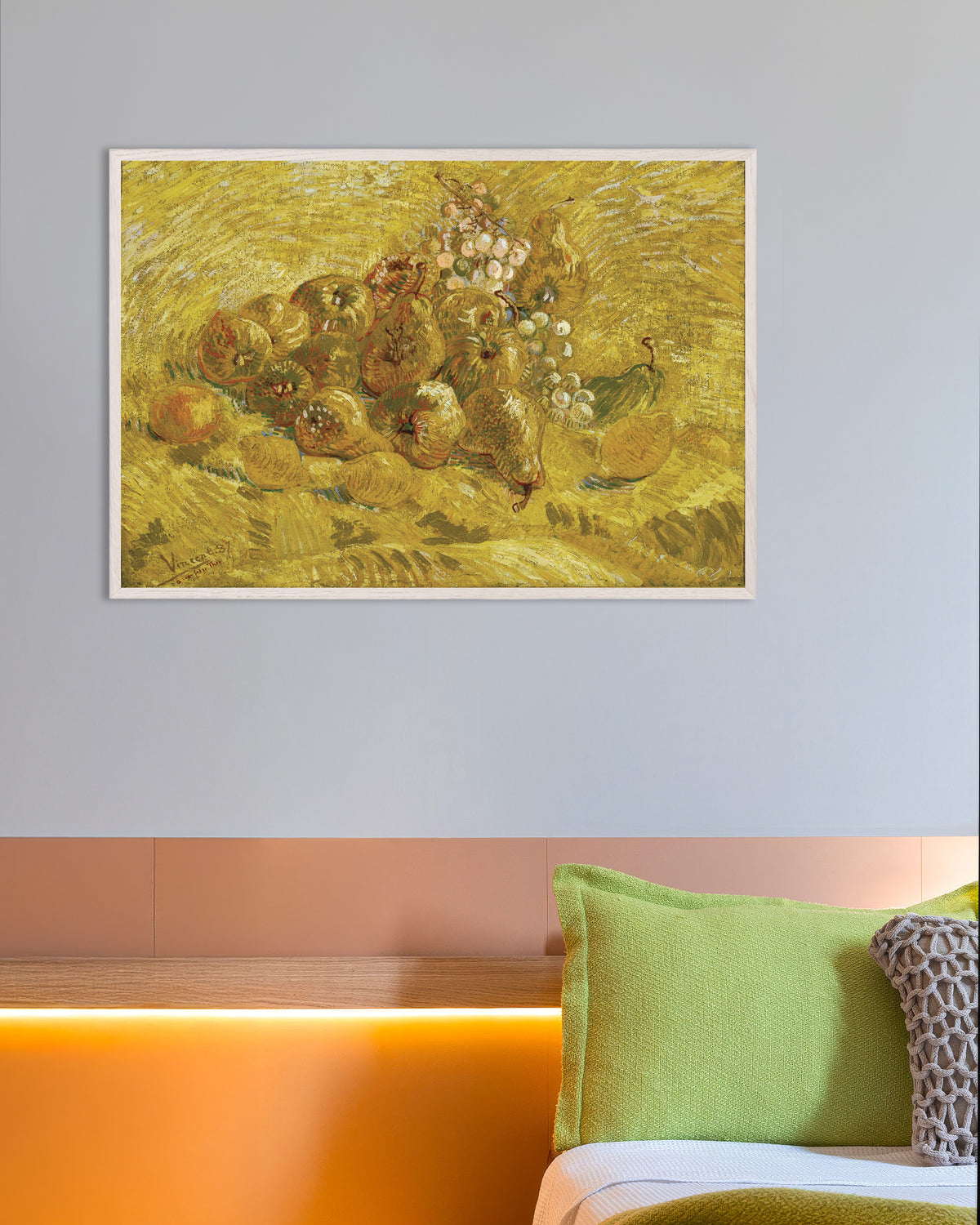 Poster van Kweeperen, citroenen, peren en druiven (1887) van Vincent van Gogh, met witte houten lijst